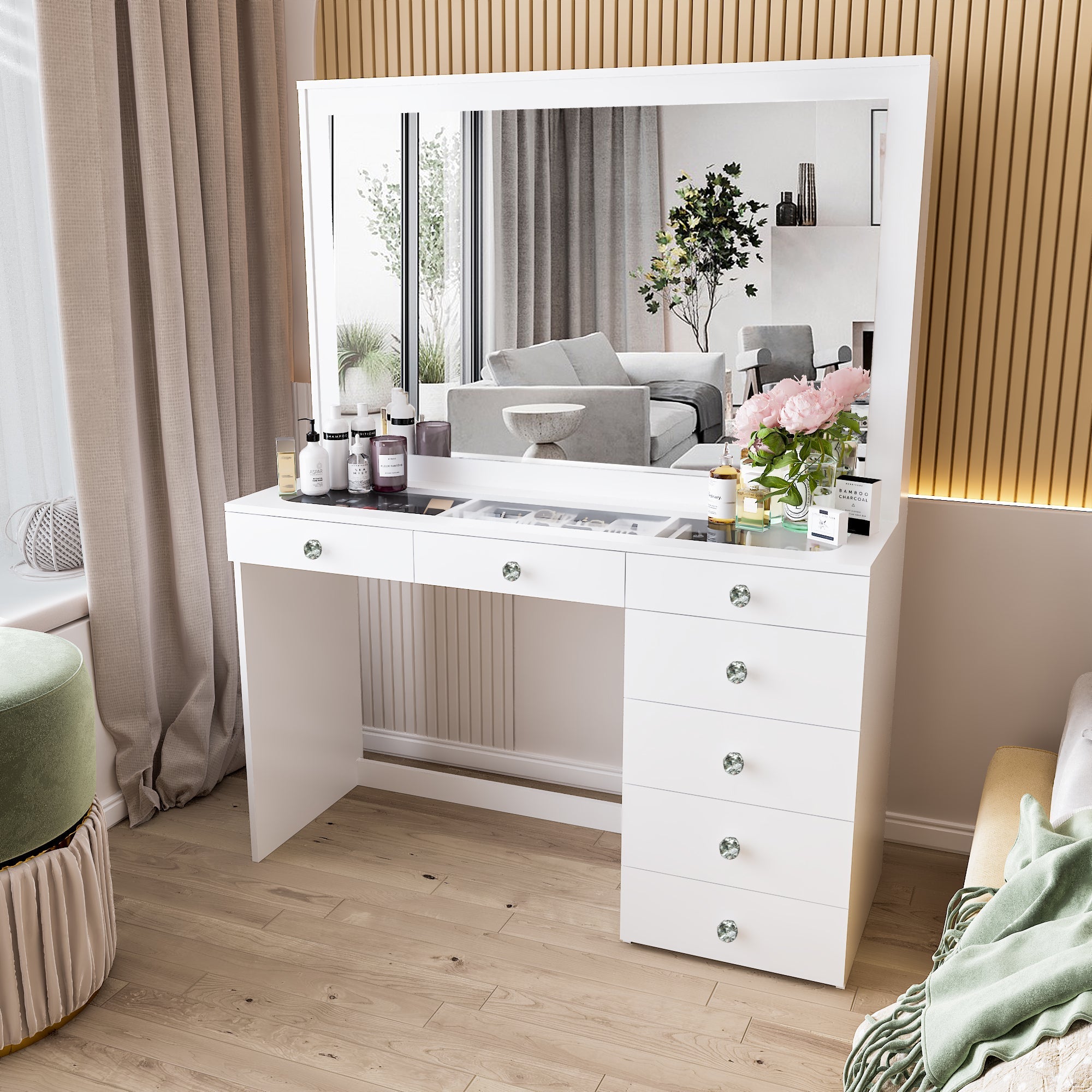 Boahaus Jane Makeup Vanity Table with Wide Mirror & Glass Top | Premium Design