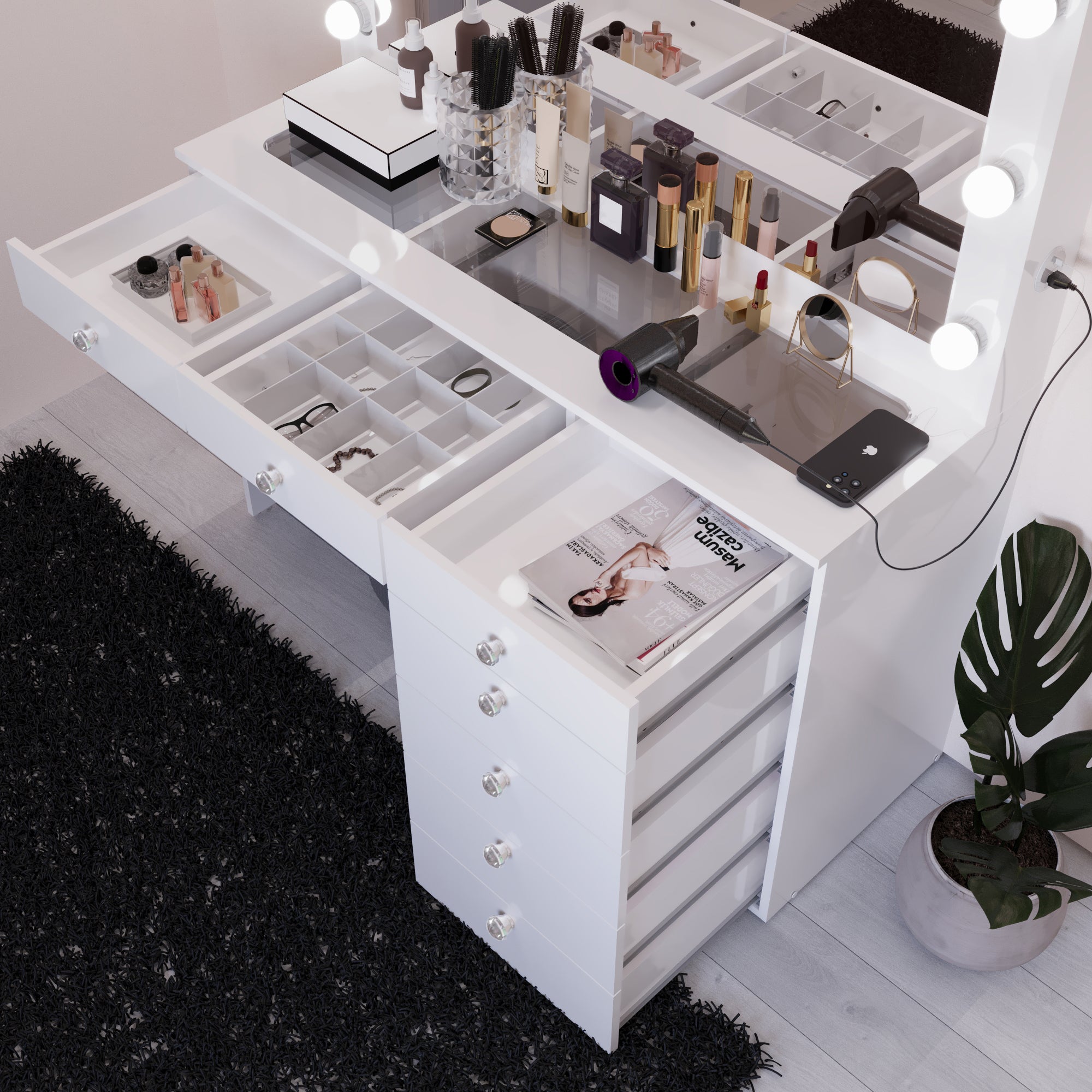 Boahaus Serena Makeup Vanity Table with Built-In Lights & Glass Top | Elegance Redefined
