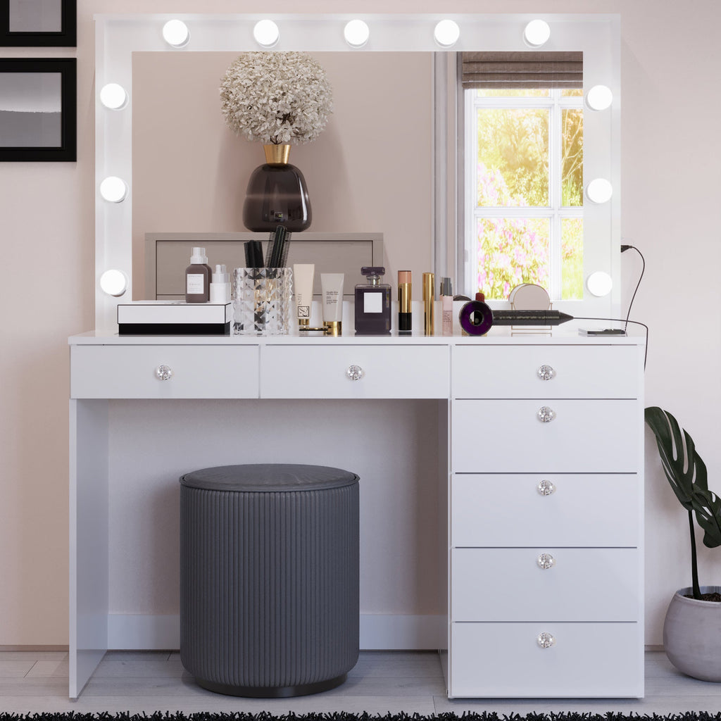 Boahaus Serena Makeup Vanity Table with Built-In Lights & Glass Top | Elegance Redefined