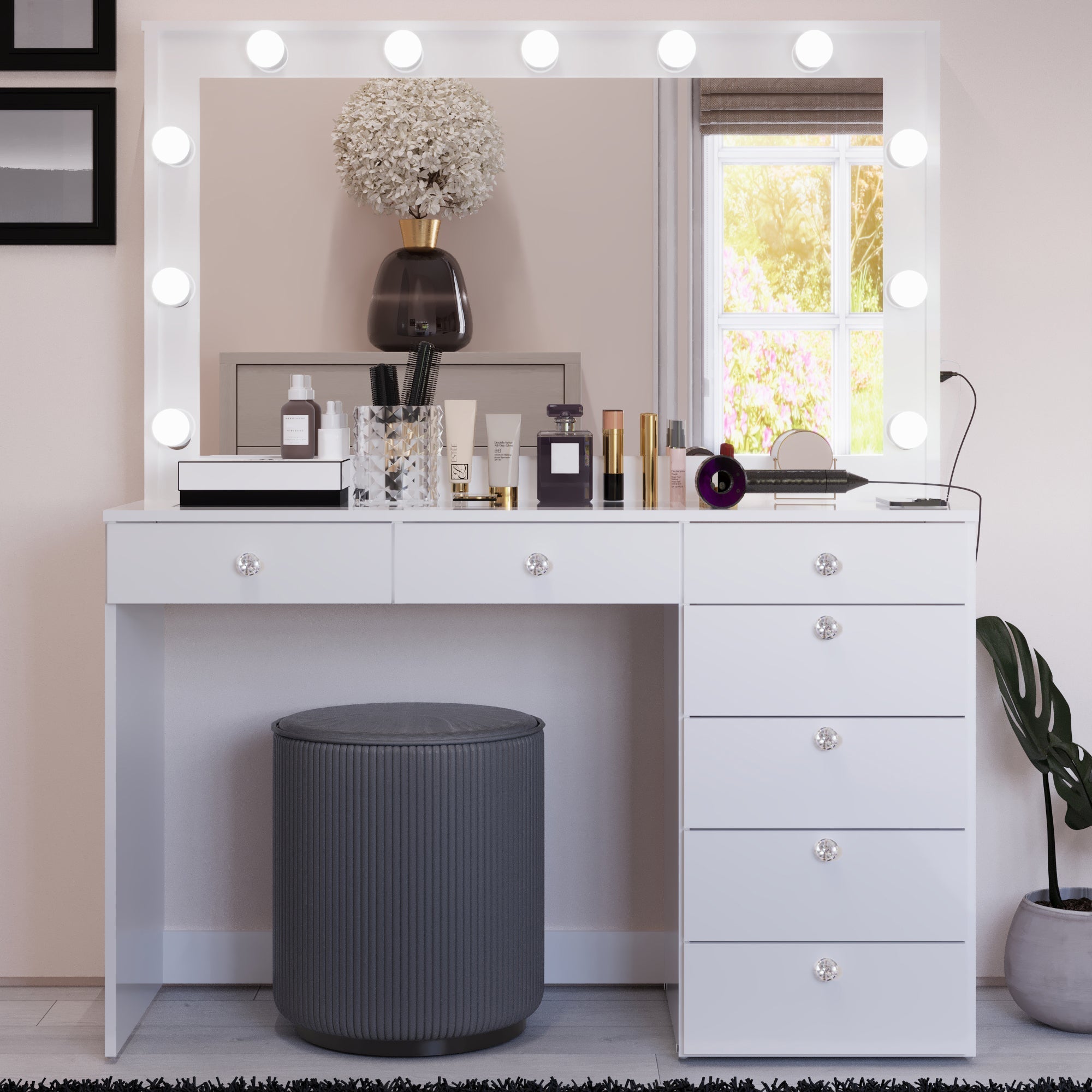 Boahaus Serena Makeup Vanity Table with Built-In Lights & Glass Top | Elegance Redefined