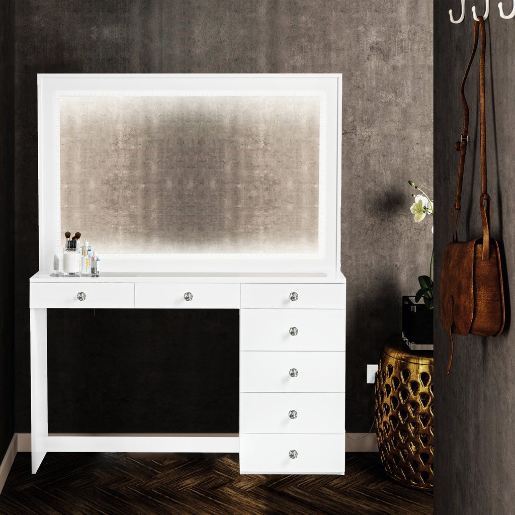Boahaus Theia Makeup Vanity Table with Glass Top, Storage & LED Light Strip | Sophisticated Elegance