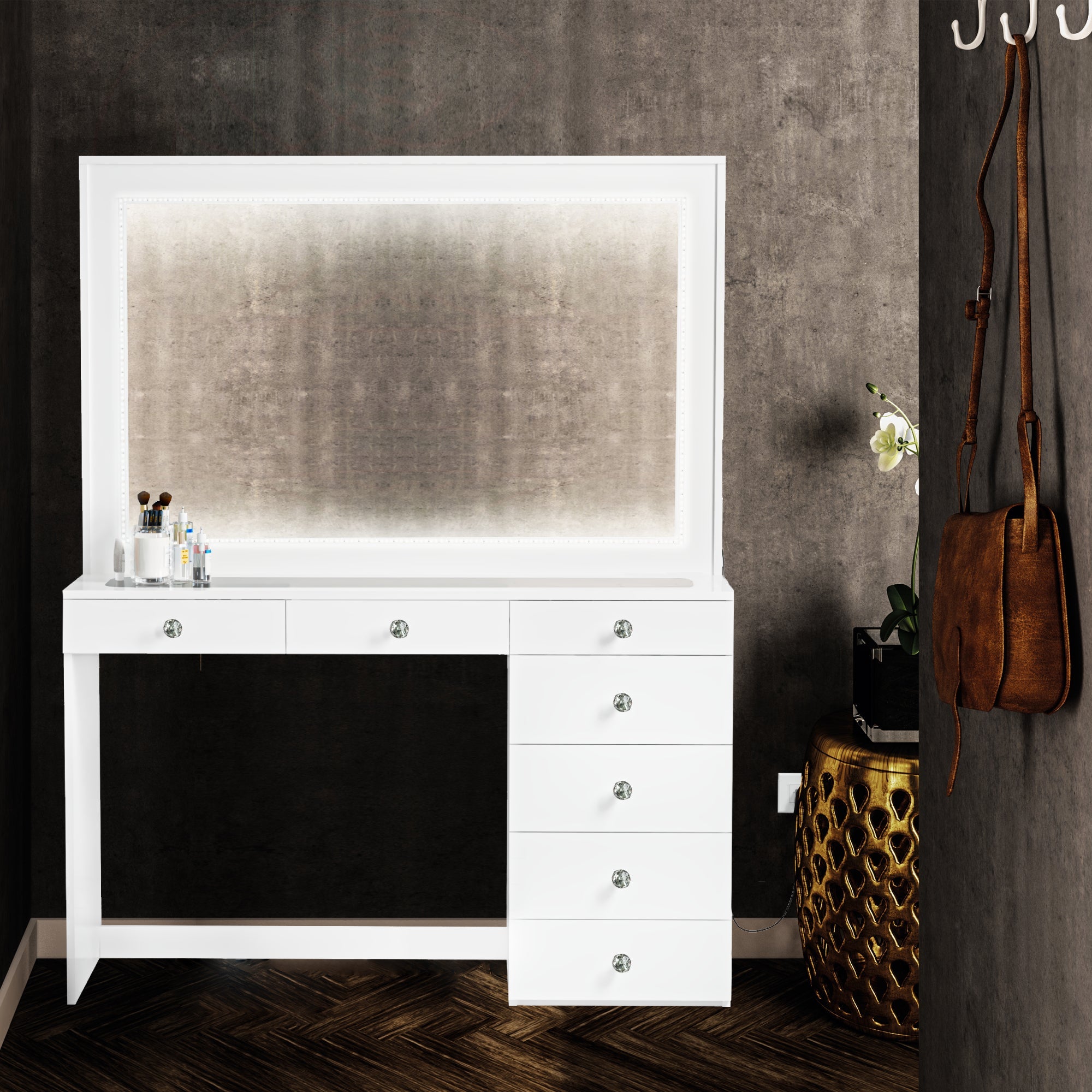 Boahaus Theia Makeup Vanity Table with Glass Top, Storage & LED Light Strip | Sophisticated Elegance