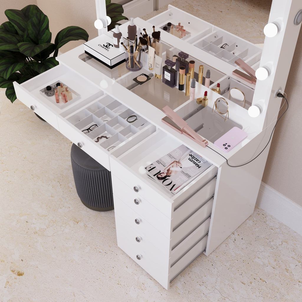 Vera Makeup Vanity with Glass Top, Bluetooth Speakers, and Ample Storage | Premium Boahaus Vanity