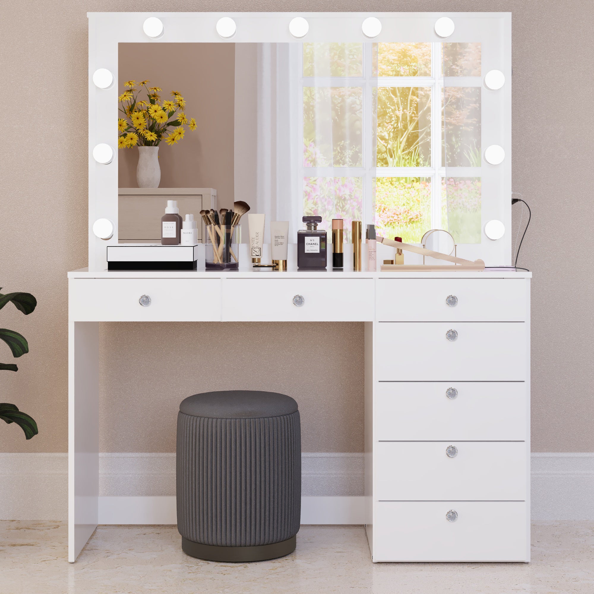 Vera Makeup Vanity with Glass Top, Bluetooth Speakers, and Ample Storage | Premium Boahaus Vanity