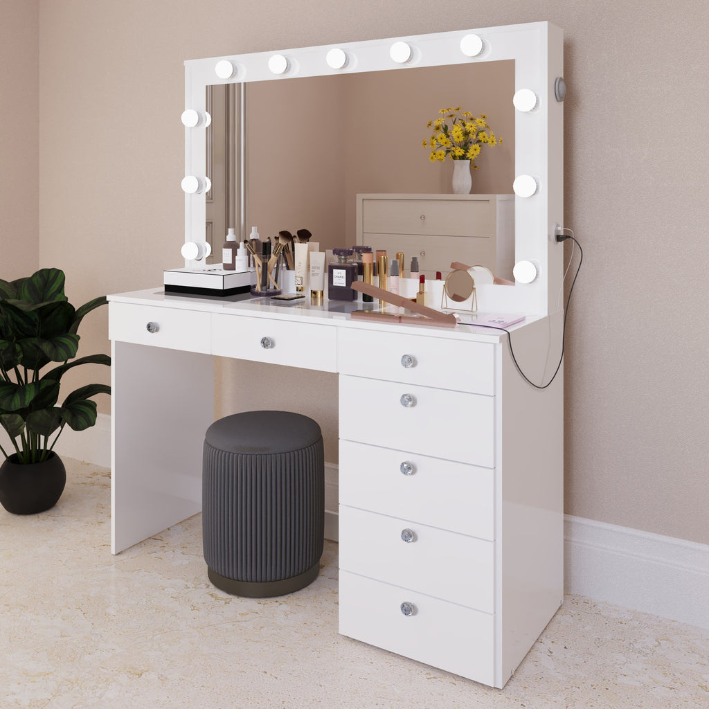 Vera Makeup Vanity with Glass Top, Bluetooth Speakers, and Ample Storage | Premium Boahaus Vanity