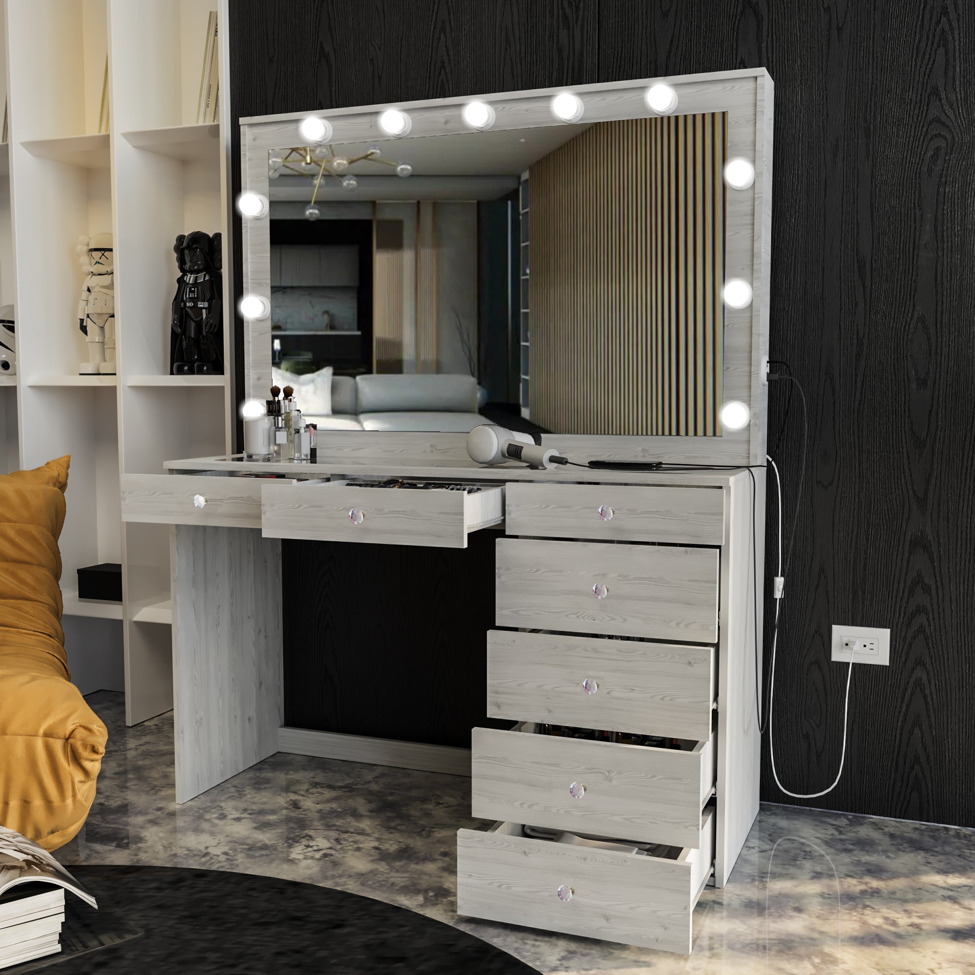 Boahaus Serena Makeup Vanity Table with Built-In Lights & Glass Top | Elegance Redefined