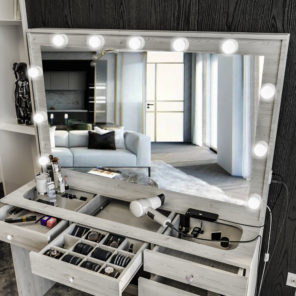 Boahaus Serena Makeup Vanity Table with Built-In Lights & Glass Top | Elegance Redefined