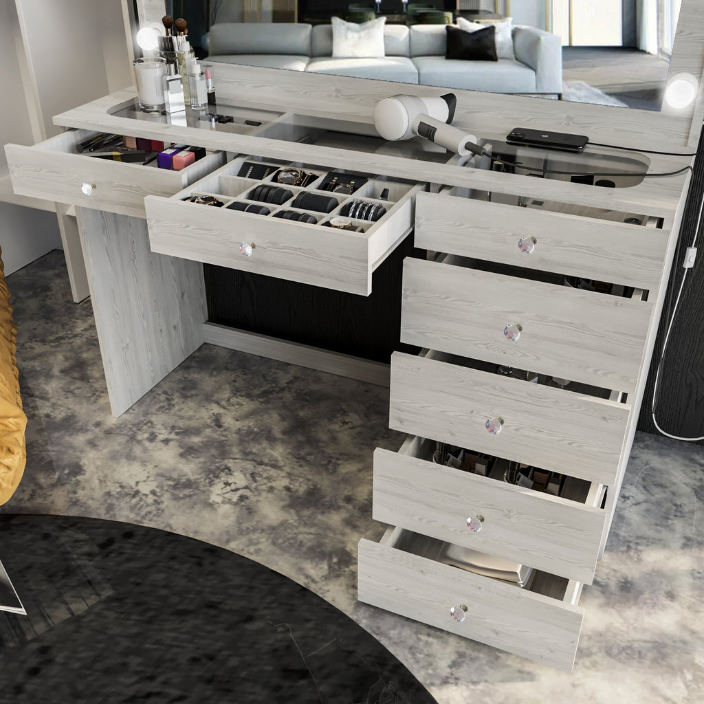 Boahaus Serena Makeup Vanity Table with Built-In Lights & Glass Top | Elegance Redefined