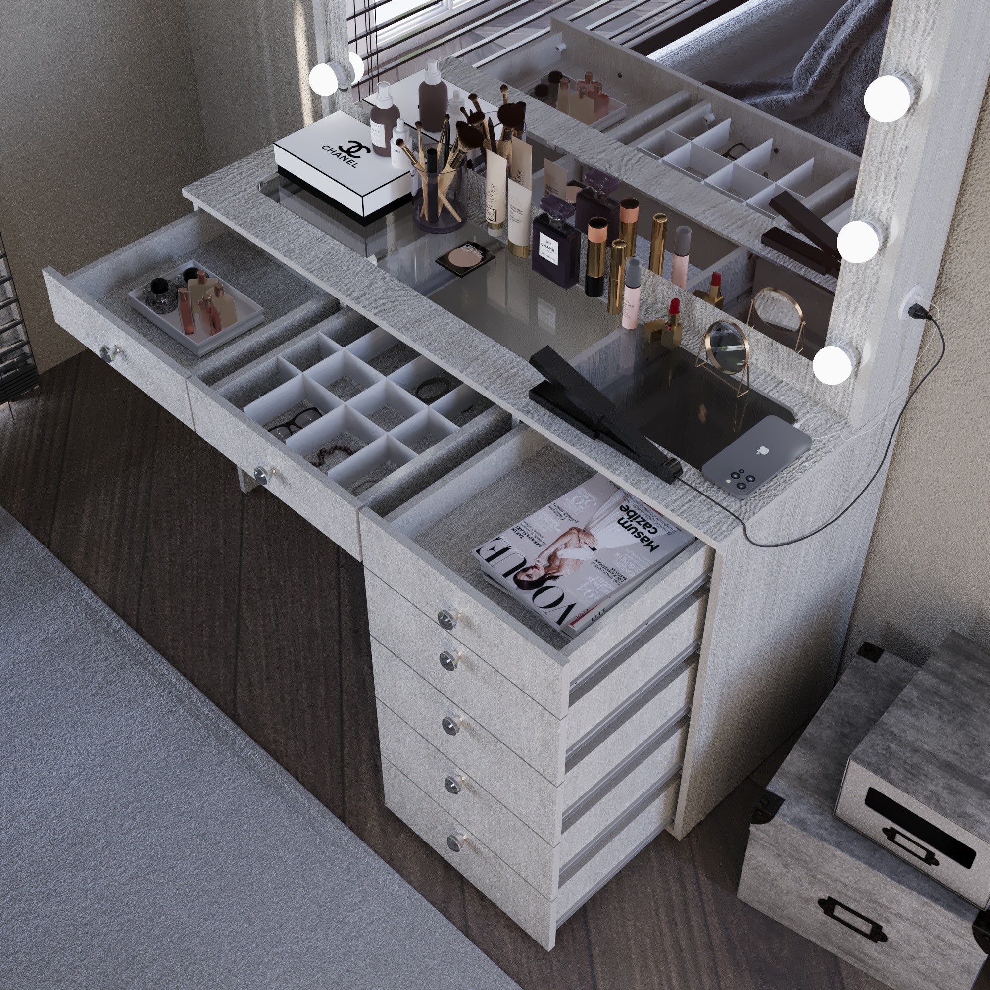 Boahaus Serena Makeup Vanity Table with Built-In Lights & Glass Top | Elegance Redefined