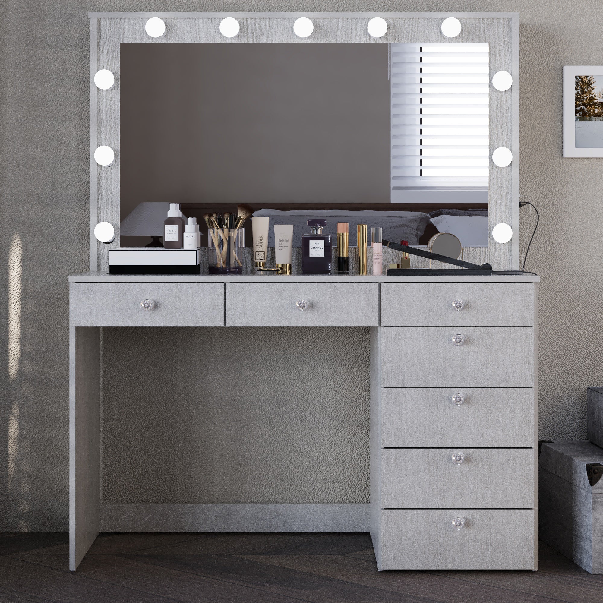 Boahaus Serena Makeup Vanity Table with Built-In Lights & Glass Top | Elegance Redefined