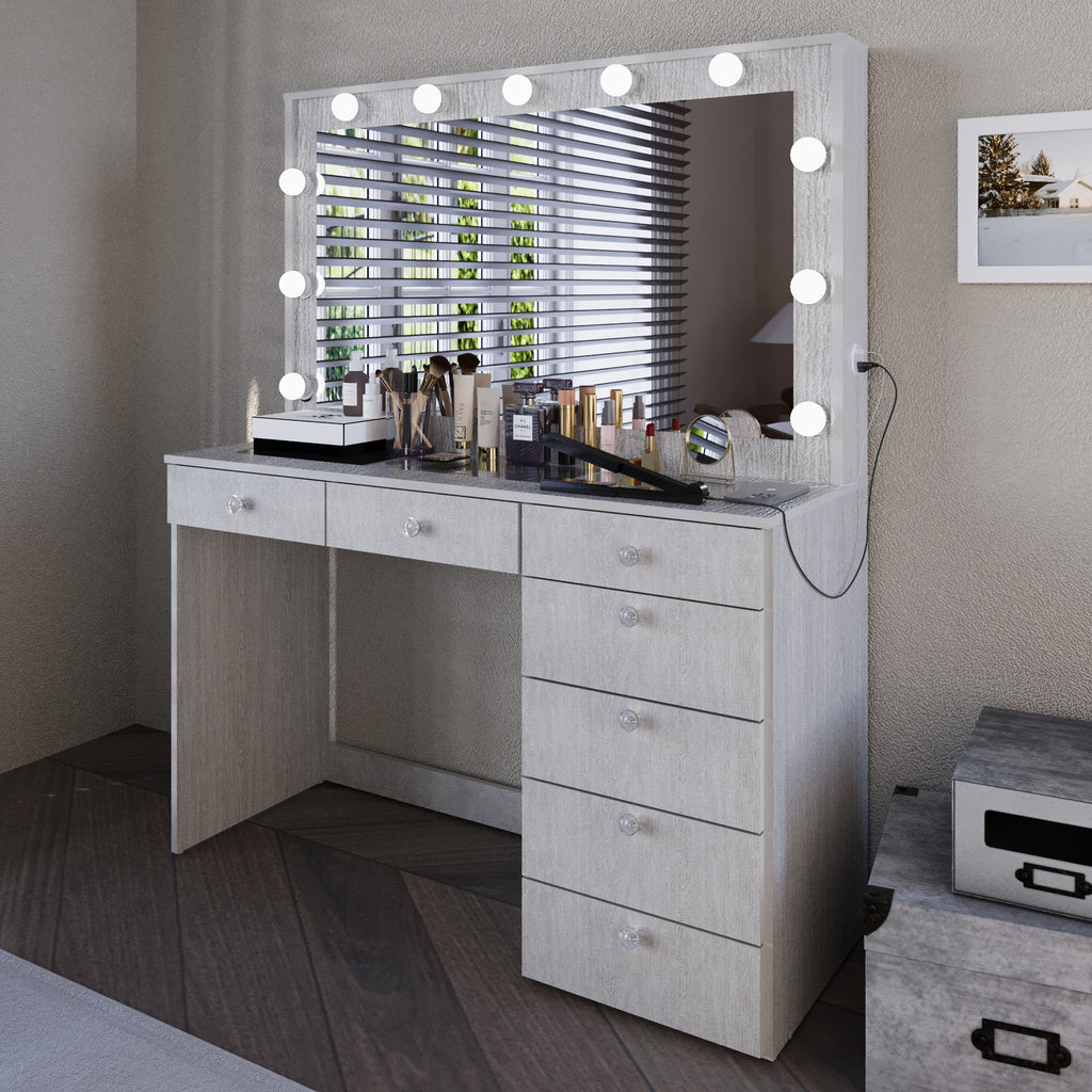 Boahaus Serena Makeup Vanity Table with Built-In Lights & Glass Top | Elegance Redefined