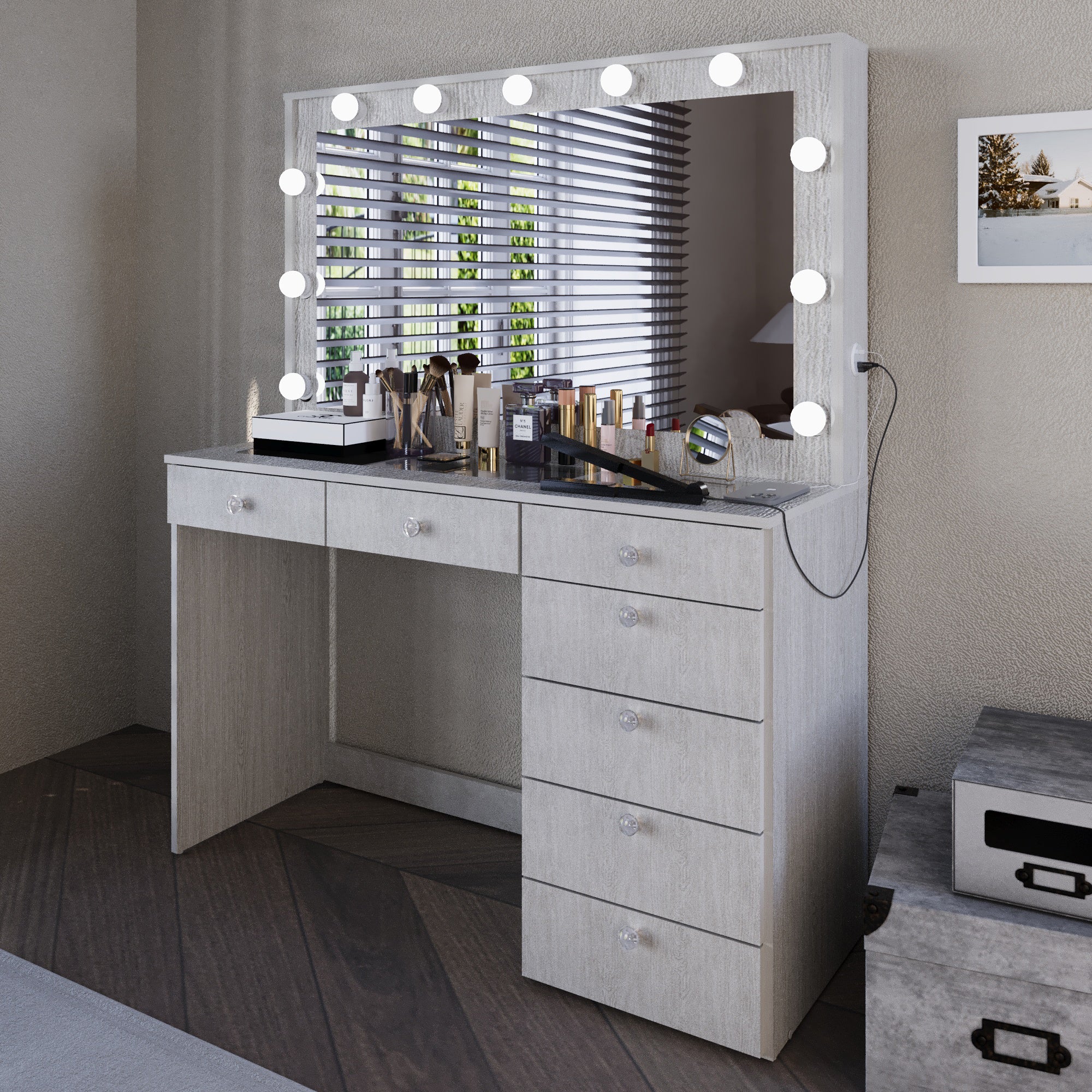 Boahaus Serena Makeup Vanity Table with Built-In Lights & Glass Top | Elegance Redefined