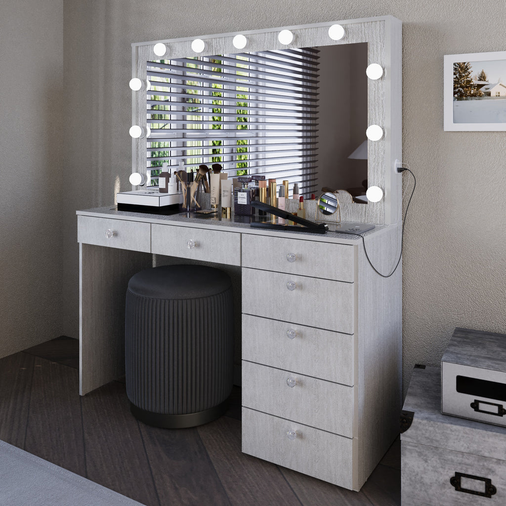 Boahaus Serena Makeup Vanity Table with Built-In Lights & Glass Top | Elegance Redefined