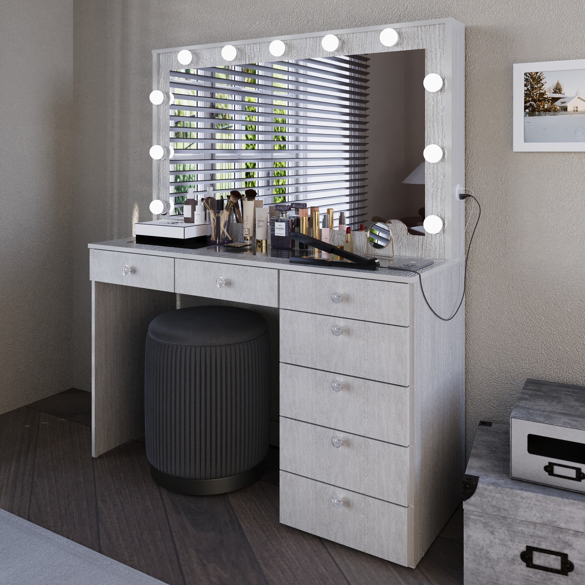 Boahaus Serena Makeup Vanity Table with Built-In Lights & Glass Top | Elegance Redefined