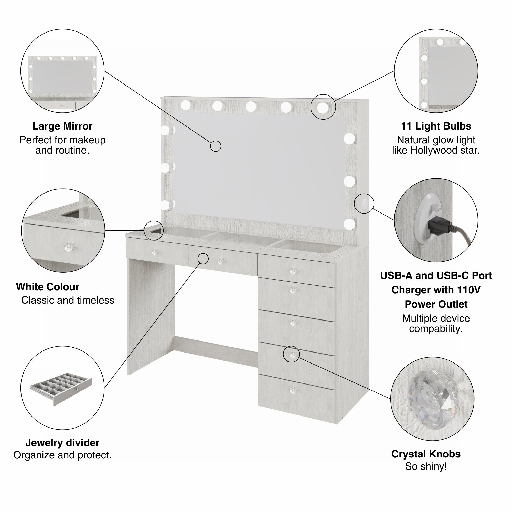 Boahaus Serena Makeup Vanity Table with Built-In Lights & Glass Top | Elegance Redefined