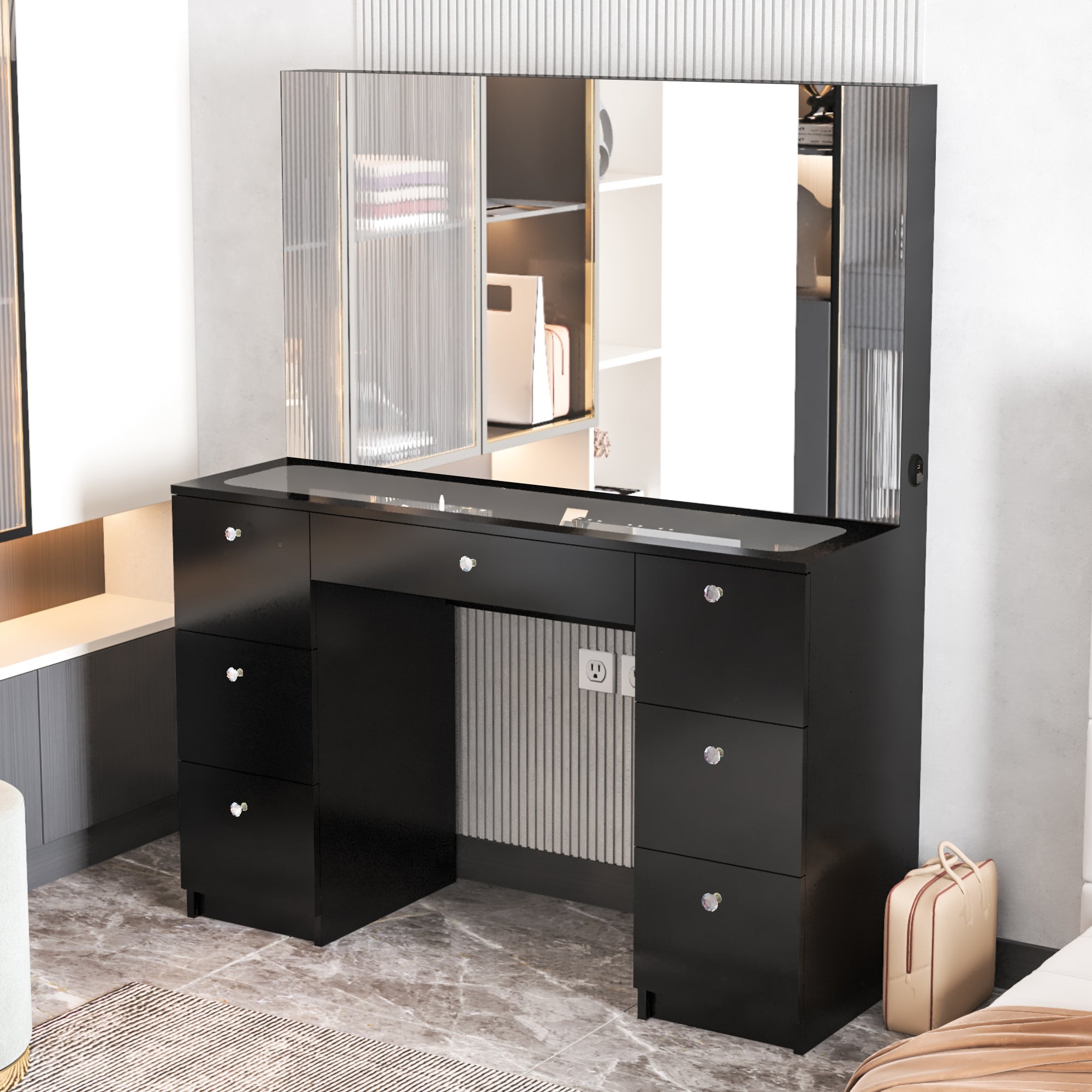 Boahaus Venus Makeup Vanity Table with Glass Top & Power Outlet | Elegance Redefined