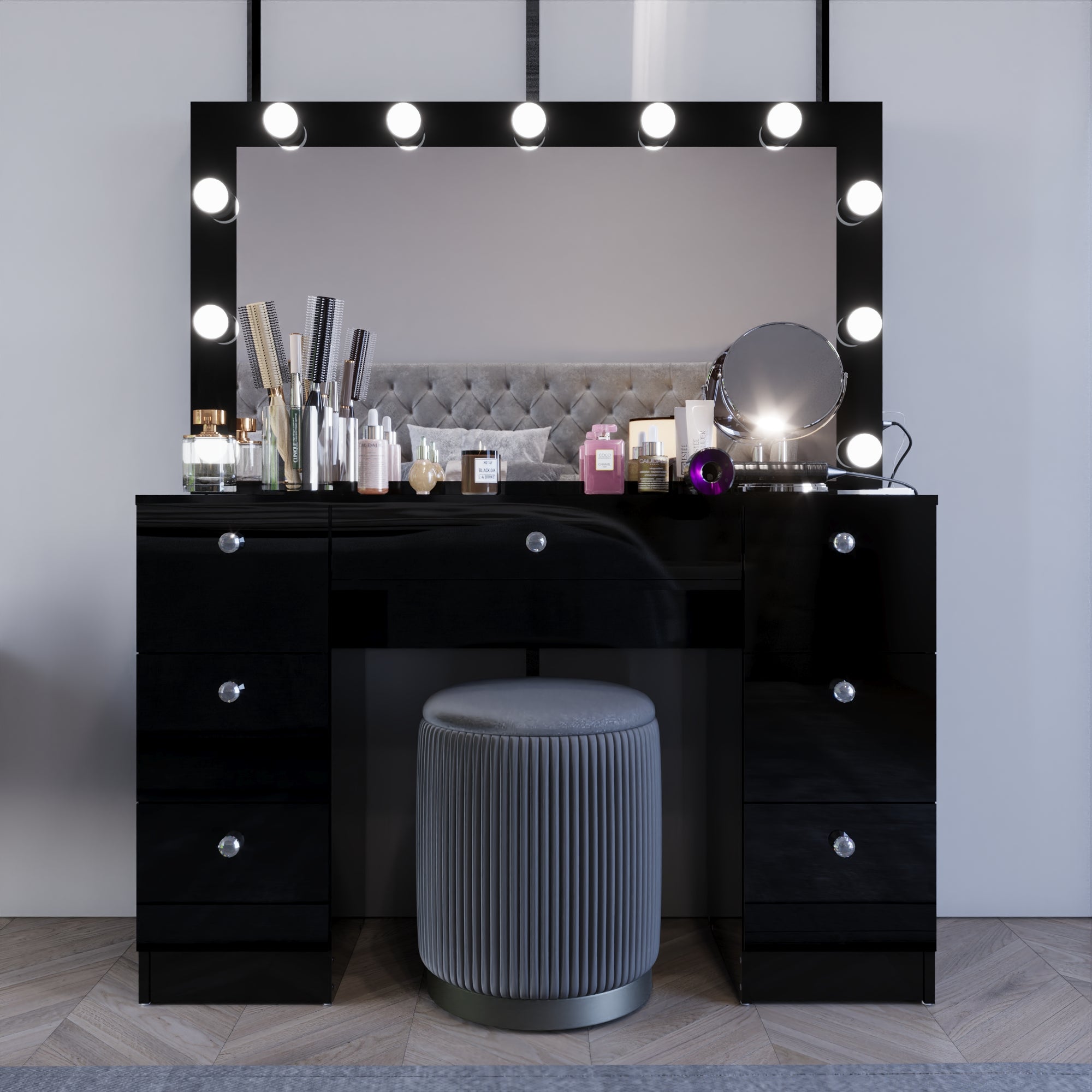 Yara Lighted Vanity with Glass Top and Crystal Knobs – Elegance Redefined