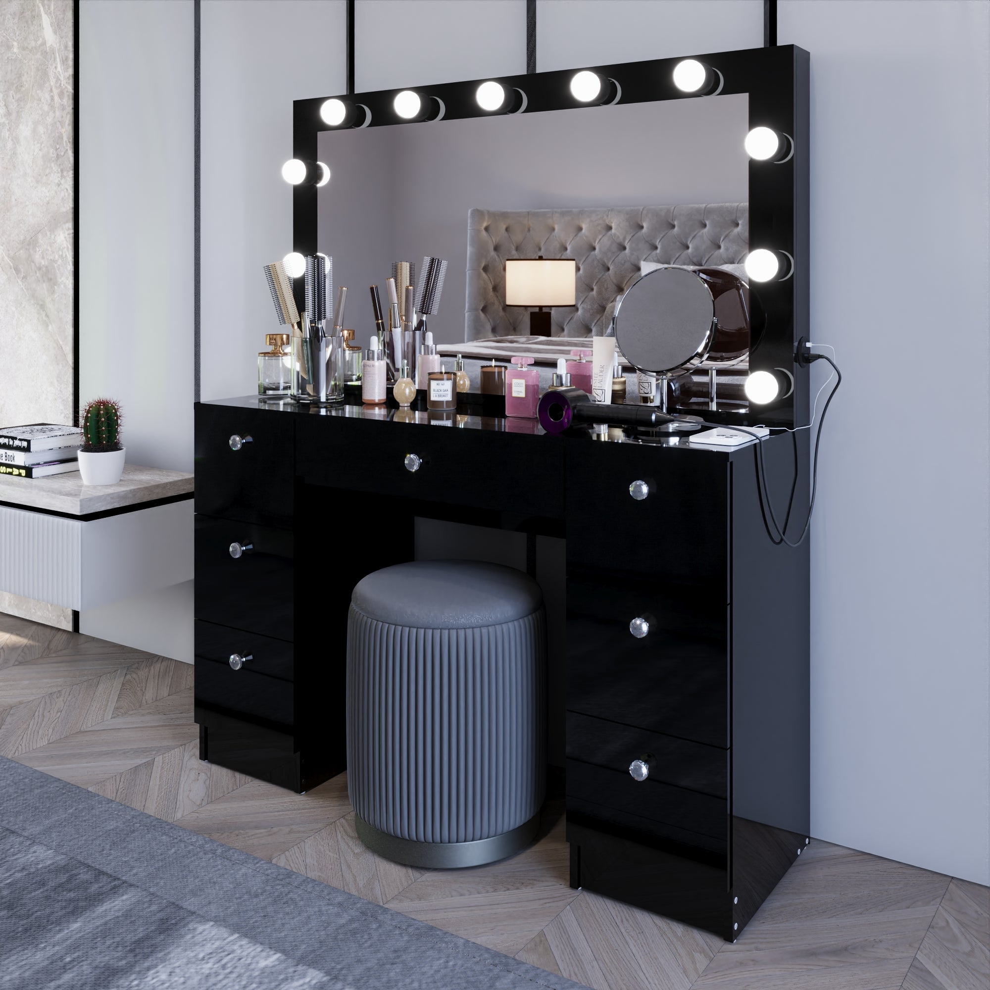 Yara Lighted Vanity with Glass Top and Crystal Knobs – Elegance Redefined