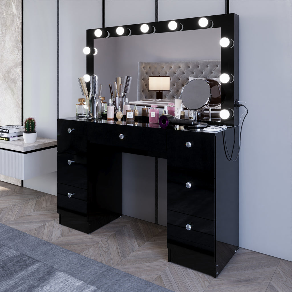 Yara Lighted Vanity with Glass Top and Crystal Knobs – Elegance Redefined