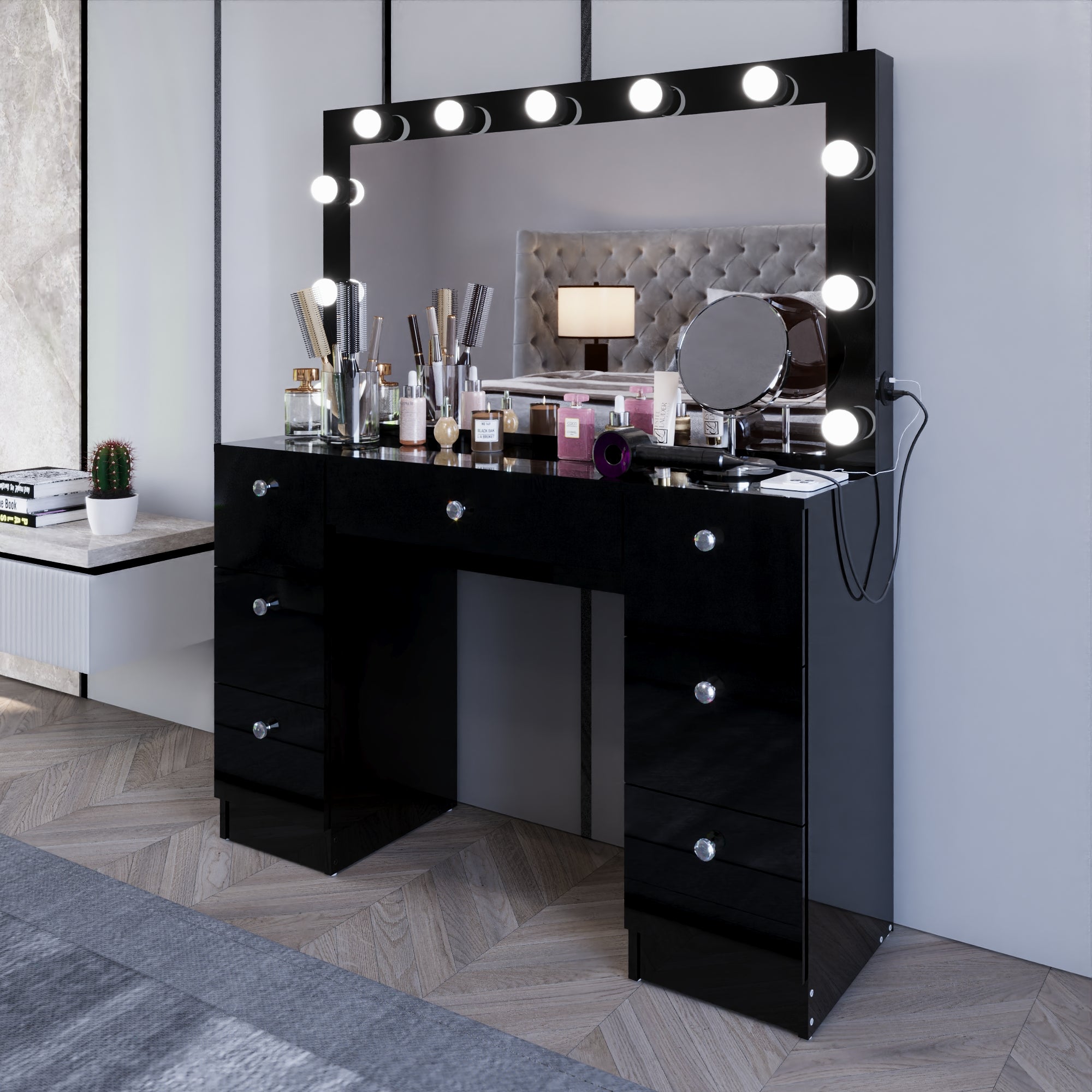 Yara Lighted Vanity with Glass Top and Crystal Knobs – Elegance Redefined