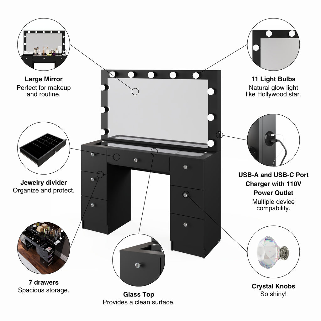 Yara Lighted Vanity with Glass Top and Crystal Knobs – Elegance Redefined