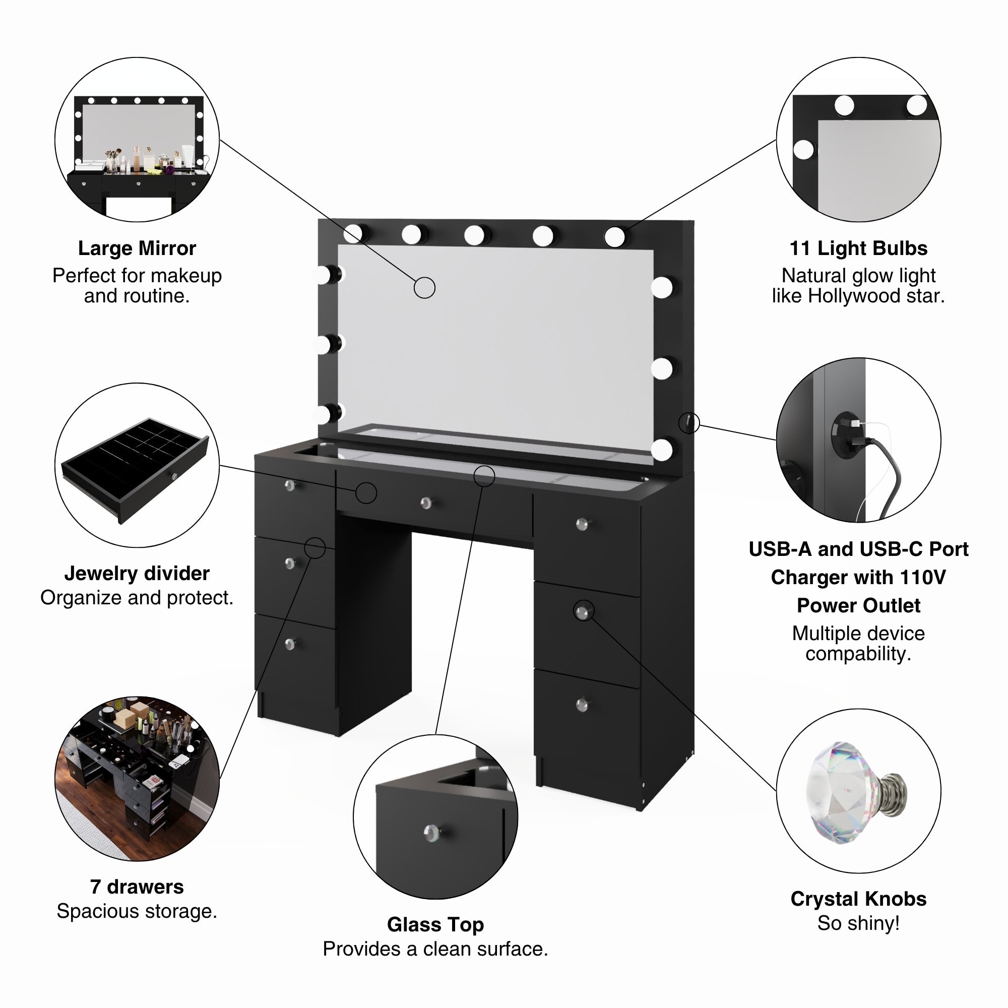 Yara Lighted Vanity with Glass Top and Crystal Knobs – Elegance Redefined