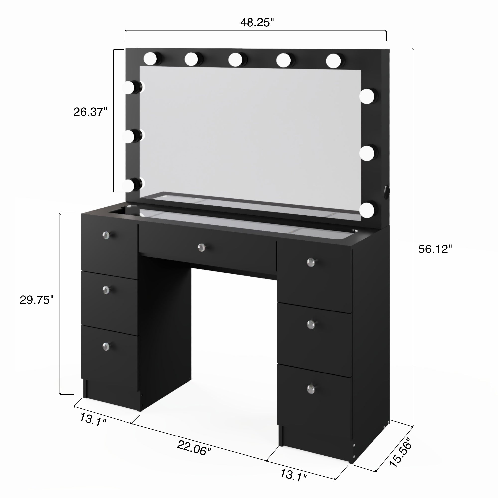 Yara Lighted Vanity with Glass Top and Crystal Knobs – Elegance Redefined