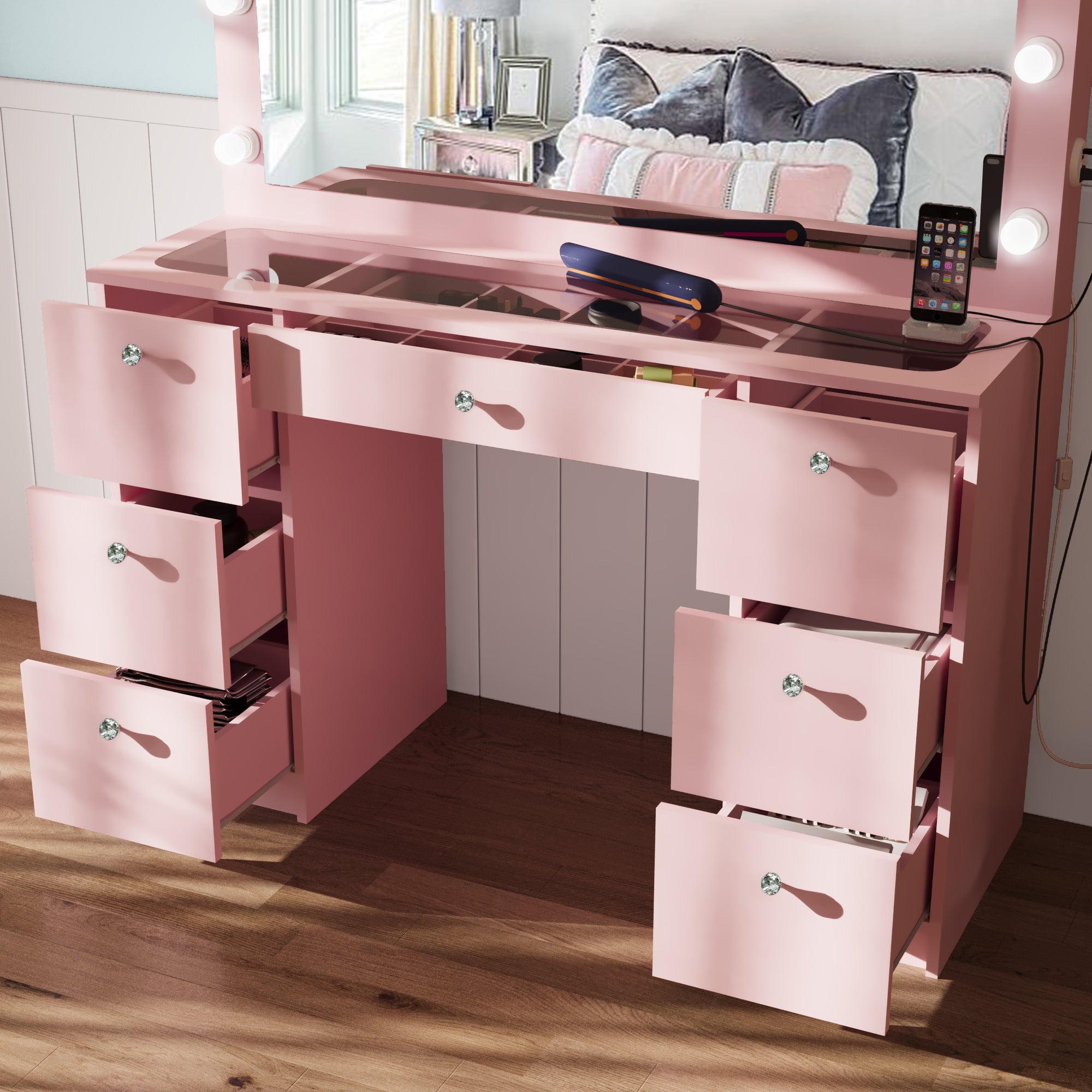 Yara Lighted Vanity with Glass Top and Crystal Knobs – Elegance Redefined