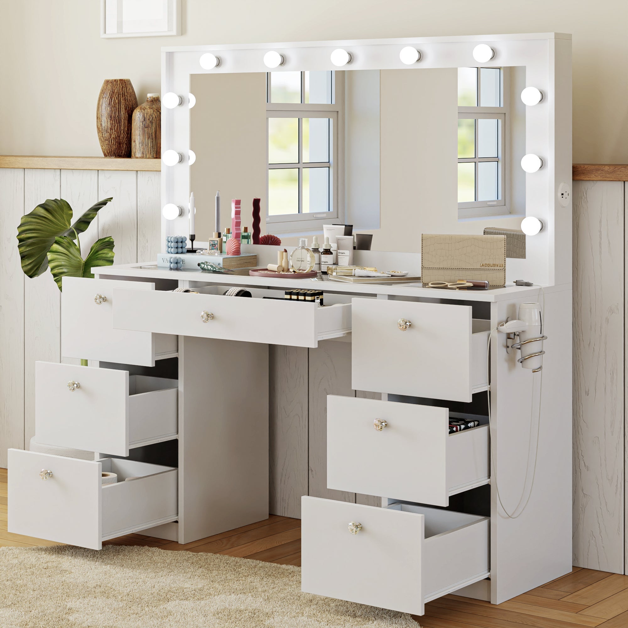 Yara Lighted Vanity with Glass Top and Crystal Knobs – Elegance Redefined