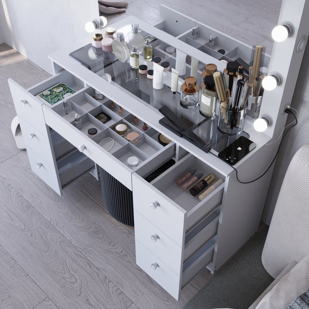 Wren Makeup Vanity with Luxurious Glass Top, Jewelry Divider, and Charging Station | Premium Boahaus Vanity