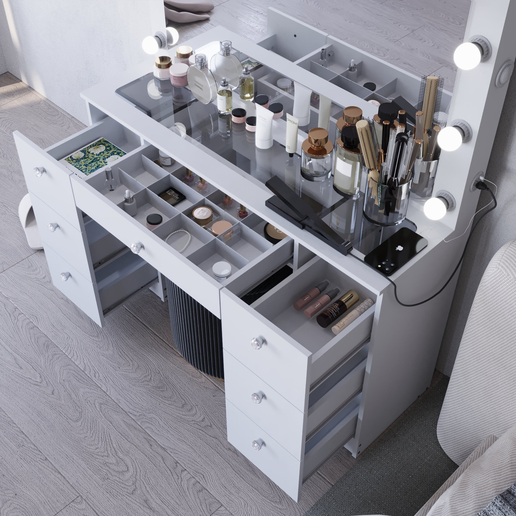Wren Makeup Vanity with Luxurious Glass Top, Jewelry Divider, and Charging Station | Premium Boahaus Vanity