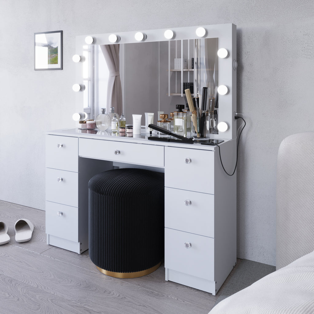 Wren Makeup Vanity with Luxurious Glass Top, Jewelry Divider, and Charging Station | Premium Boahaus Vanity
