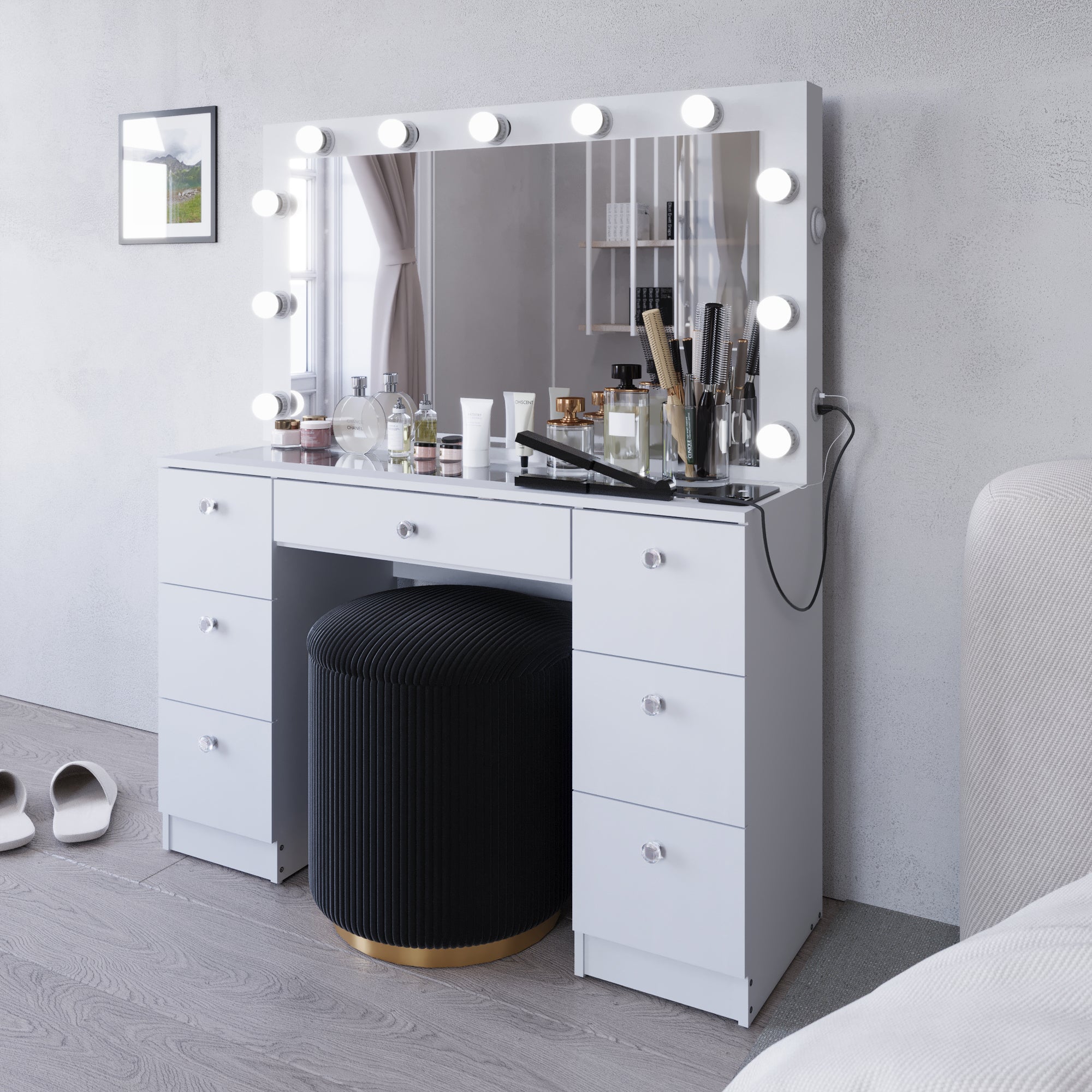 Wren Makeup Vanity with Luxurious Glass Top, Jewelry Divider, and Charging Station | Premium Boahaus Vanity