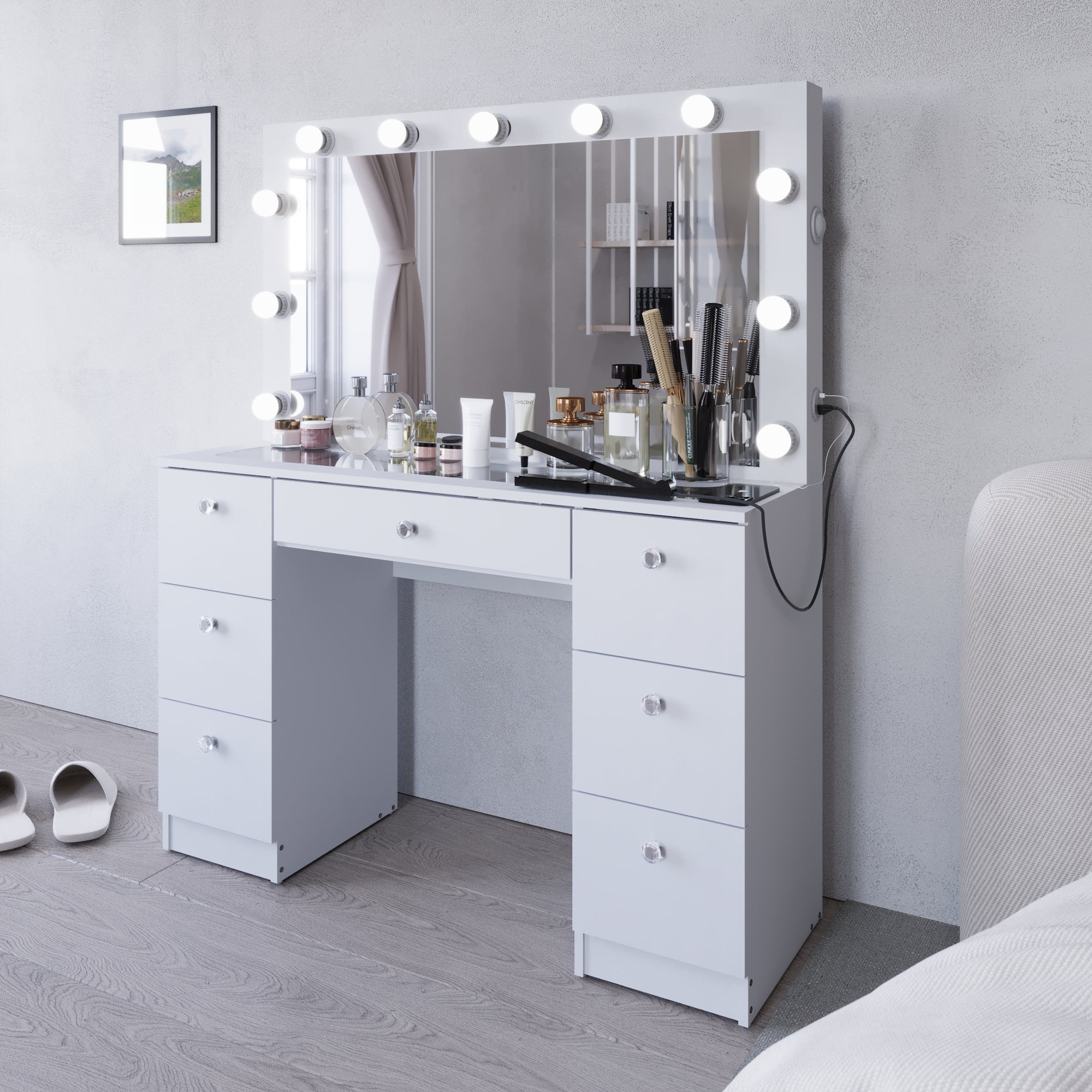 Wren Makeup Vanity with Luxurious Glass Top, Jewelry Divider, and Charging Station | Premium Boahaus Vanity