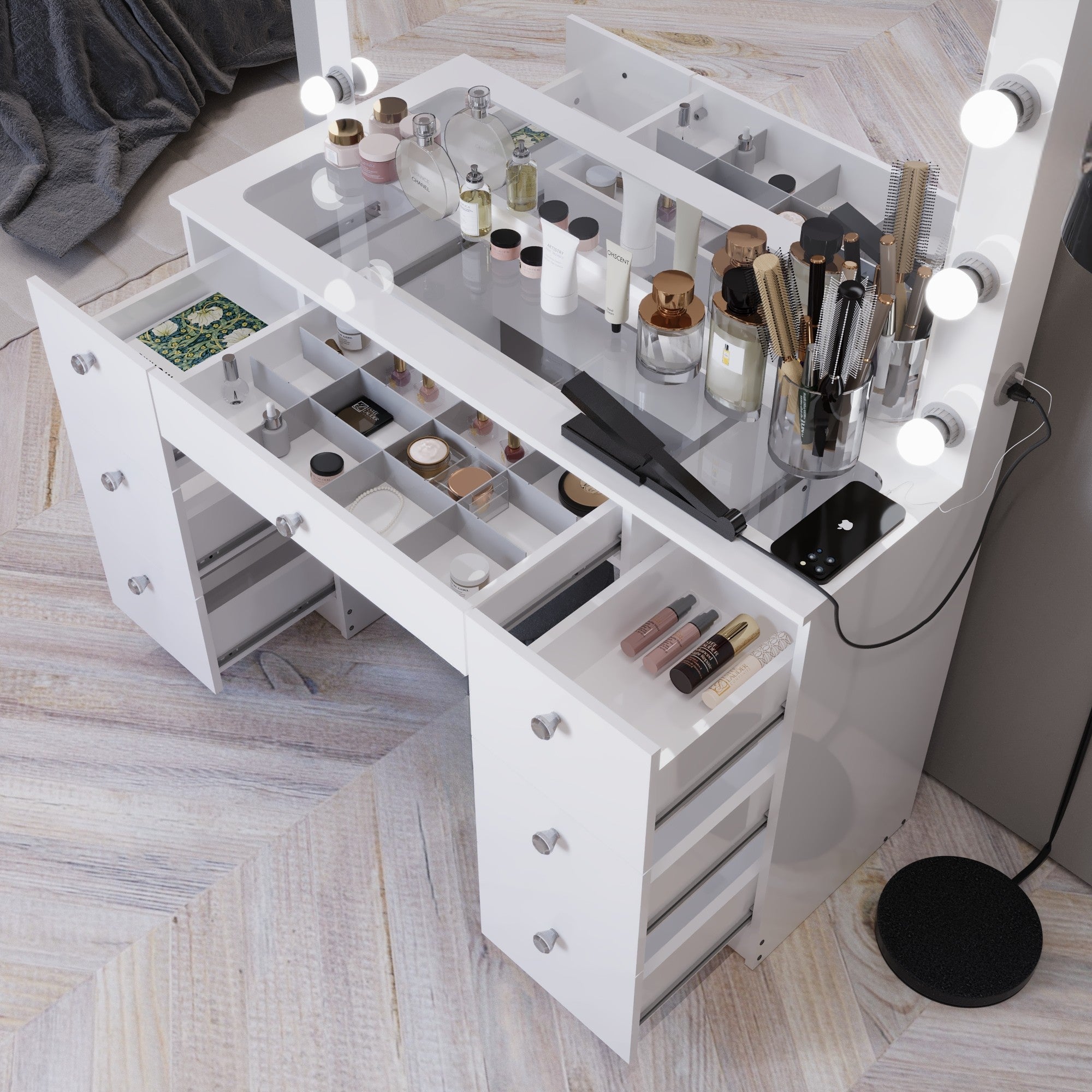 Yara Lighted Vanity with Glass Top and Crystal Knobs – Elegance Redefined