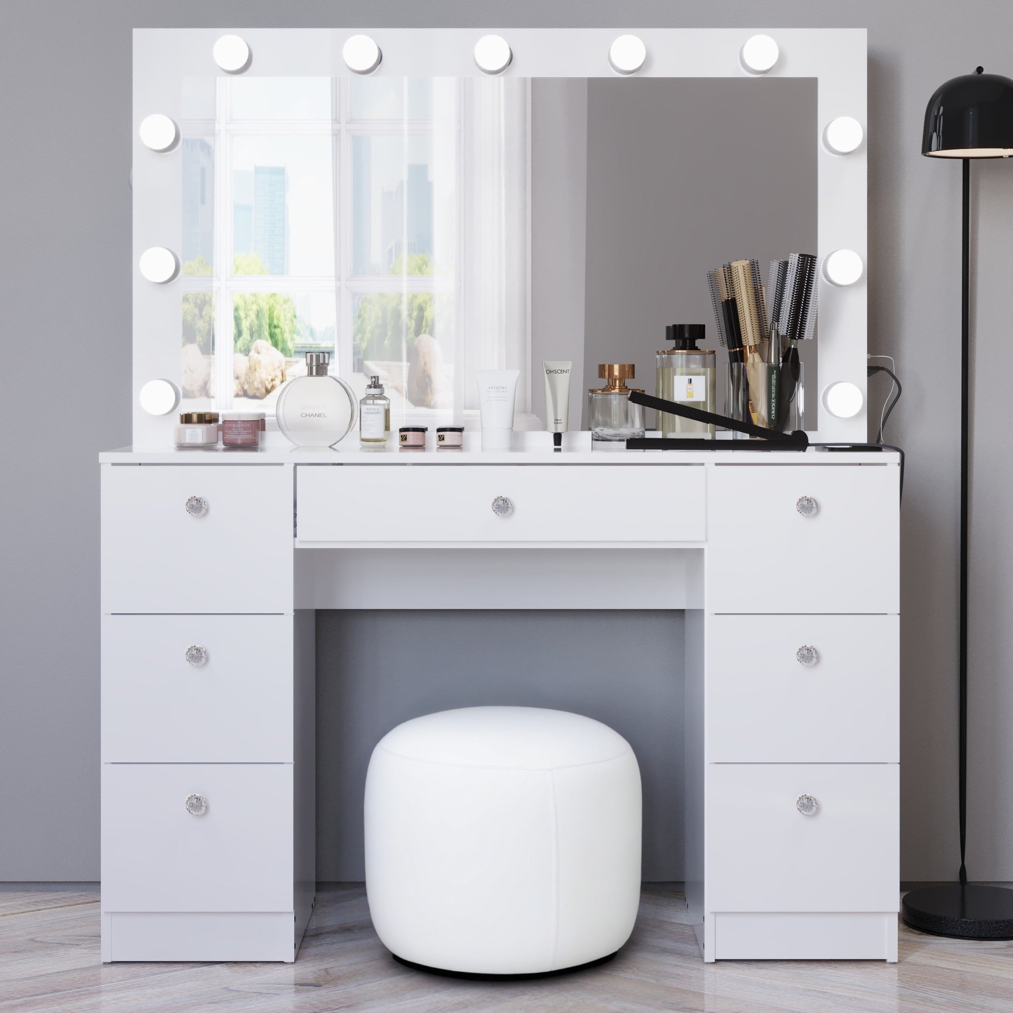 Yara Lighted Vanity with Glass Top and Crystal Knobs – Elegance Redefined