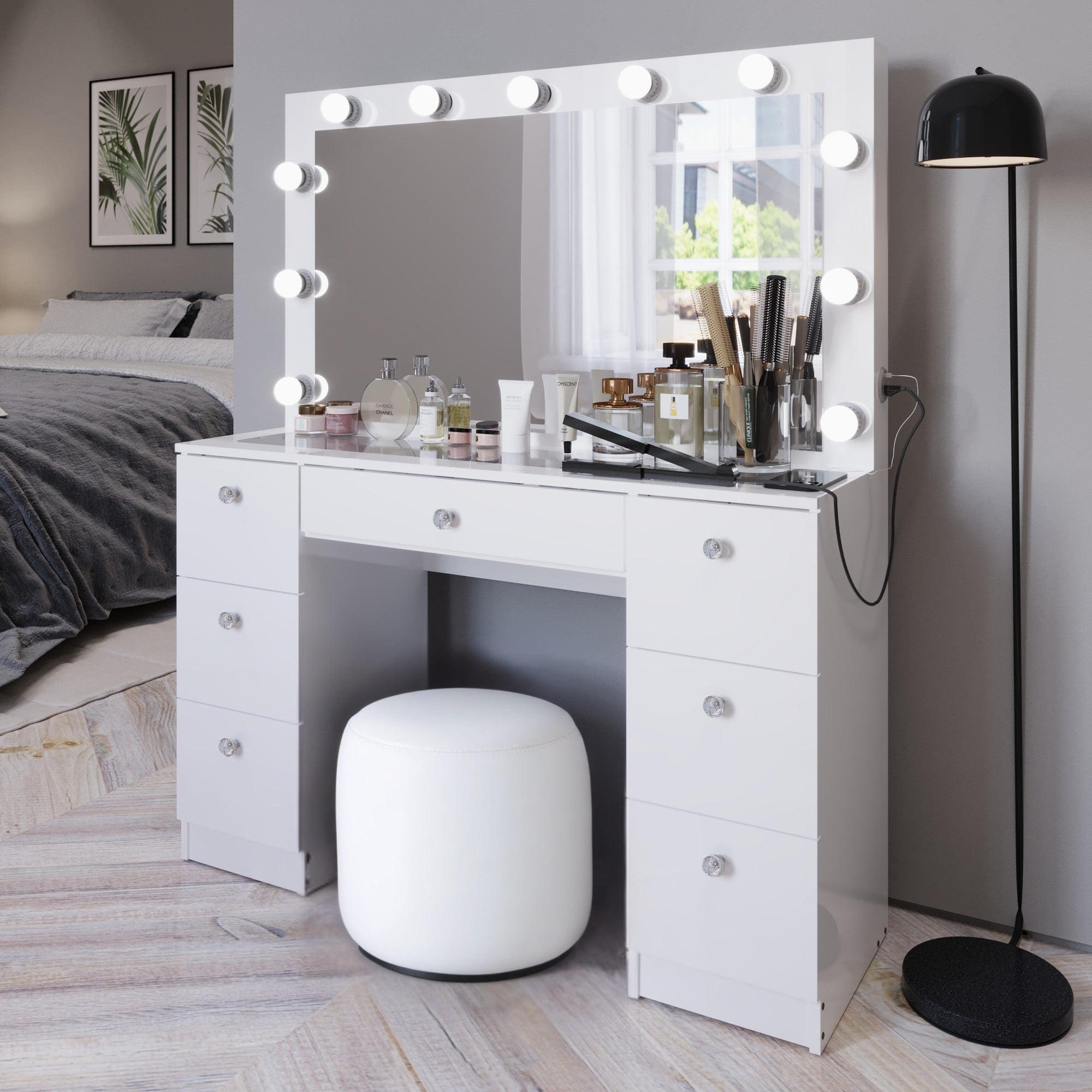Yara Lighted Vanity with Glass Top and Crystal Knobs – Elegance Redefined
