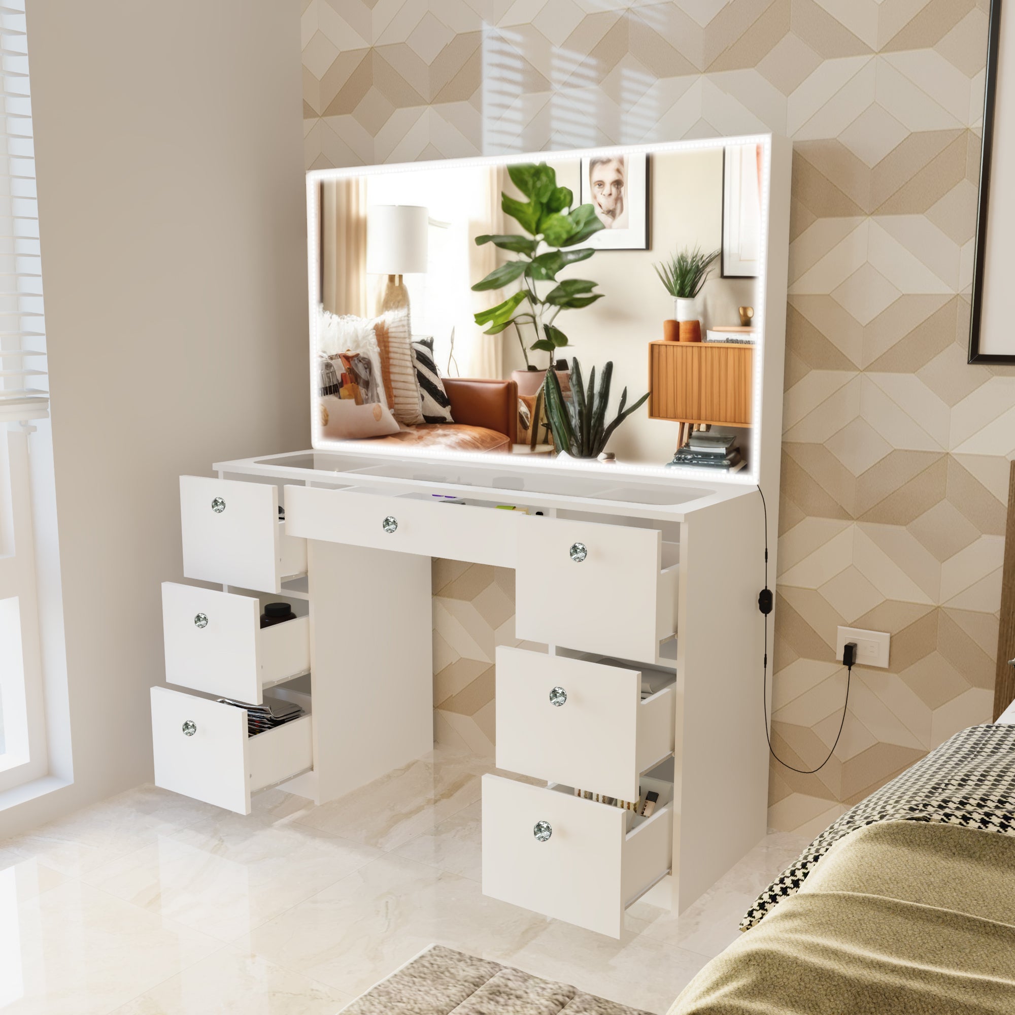 Boahaus Seraphine Makeup Vanity Table with LED Light Strip & Glass Top | Elegance Redefined