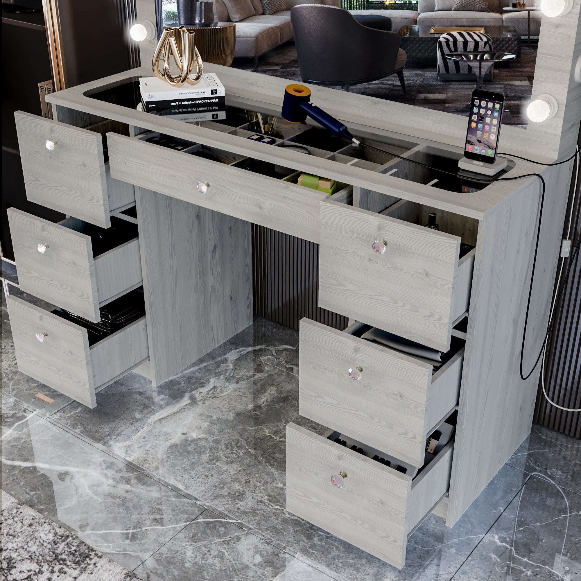 Yara Lighted Vanity with Glass Top and Crystal Knobs – Elegance Redefined