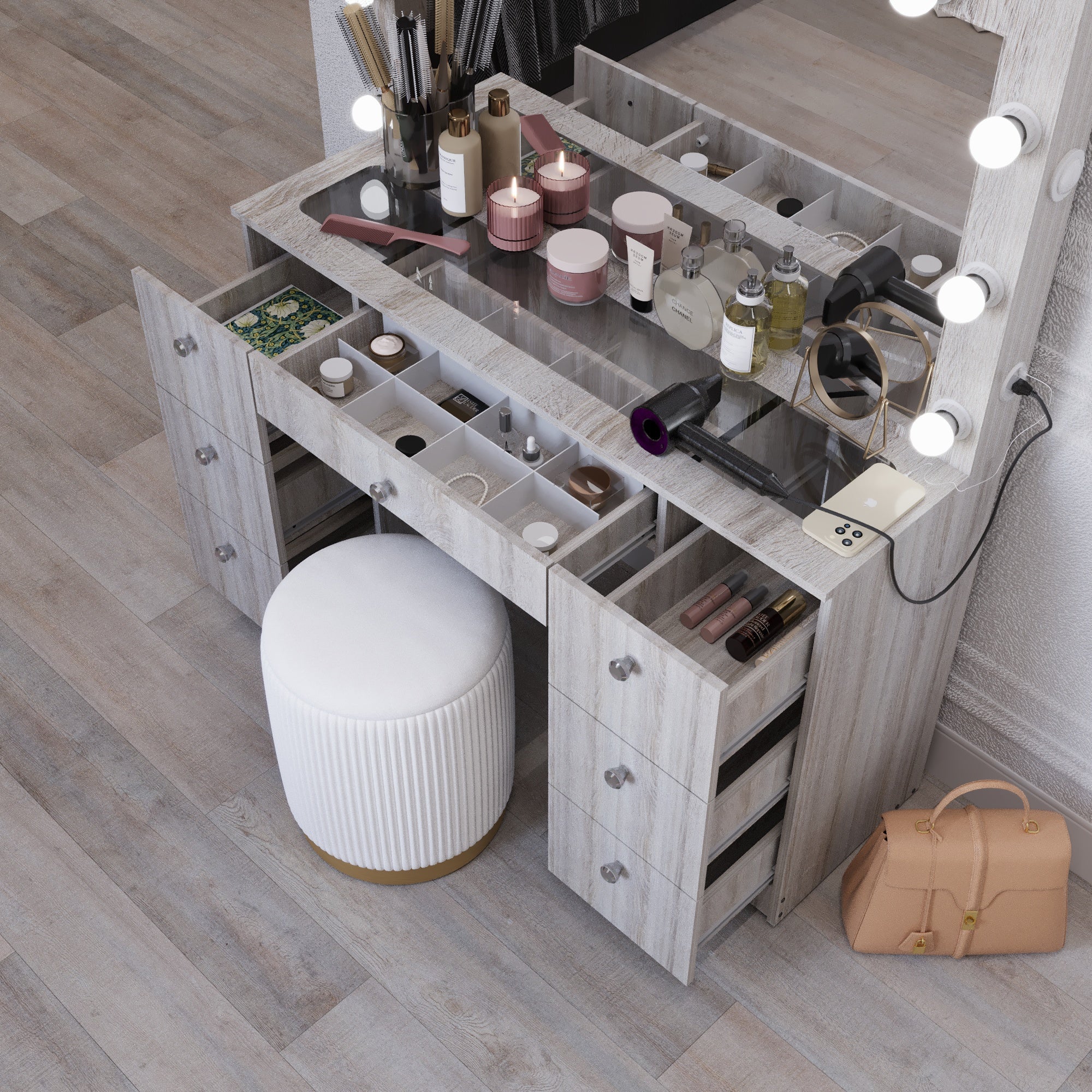 Yara Lighted Vanity with Glass Top and Crystal Knobs – Elegance Redefined