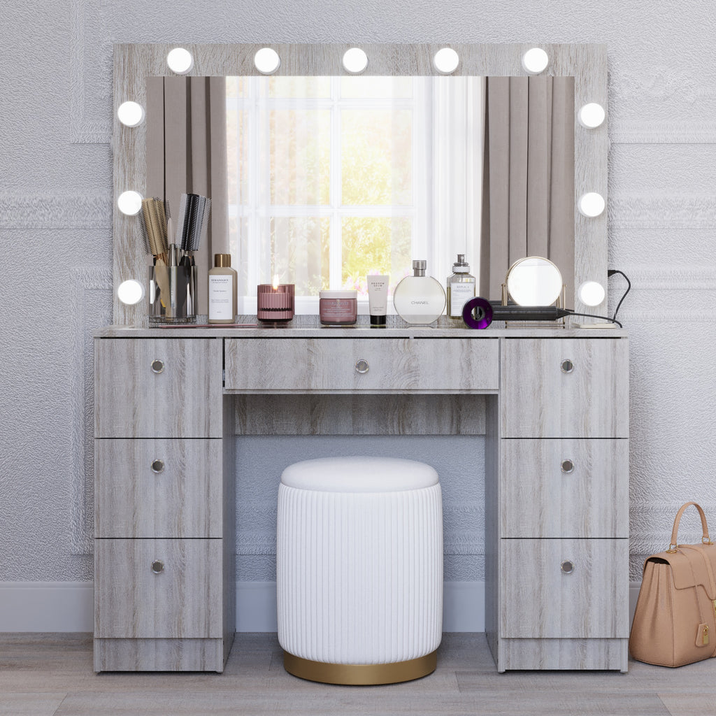 Yara Lighted Vanity with Glass Top and Crystal Knobs – Elegance Redefined