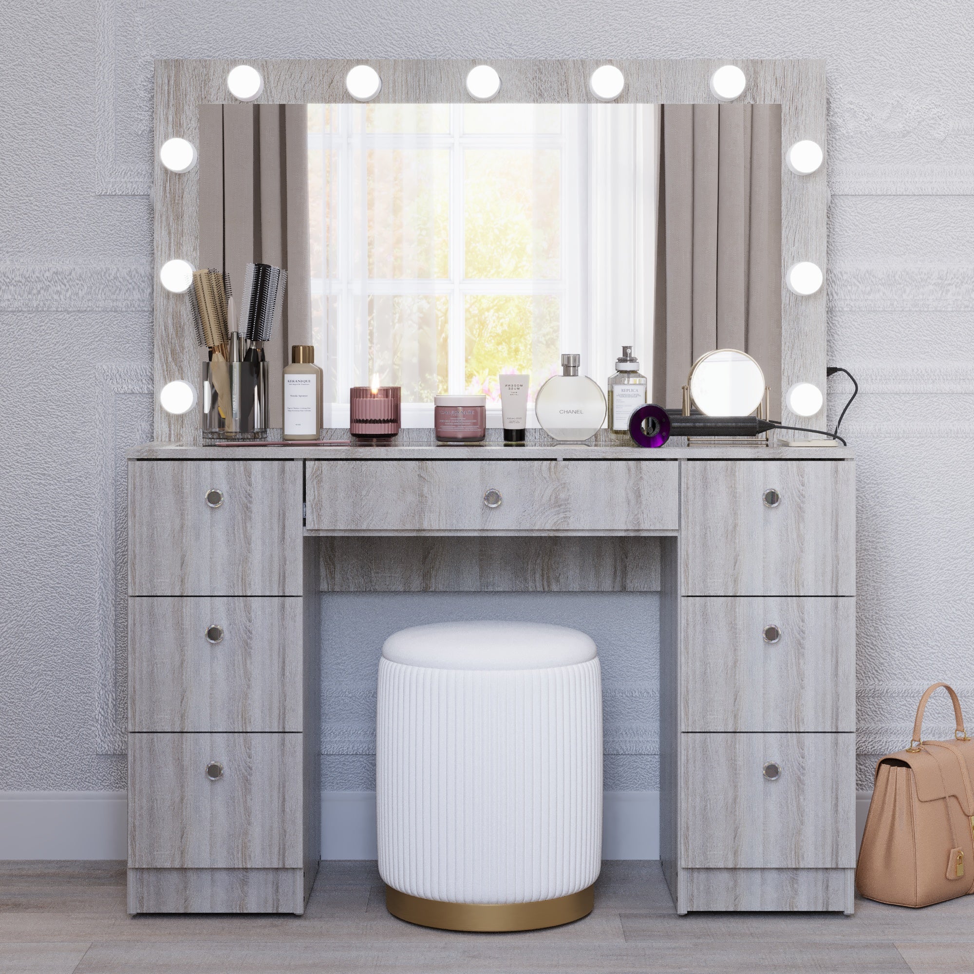 Yara Lighted Vanity with Glass Top and Crystal Knobs – Elegance Redefined