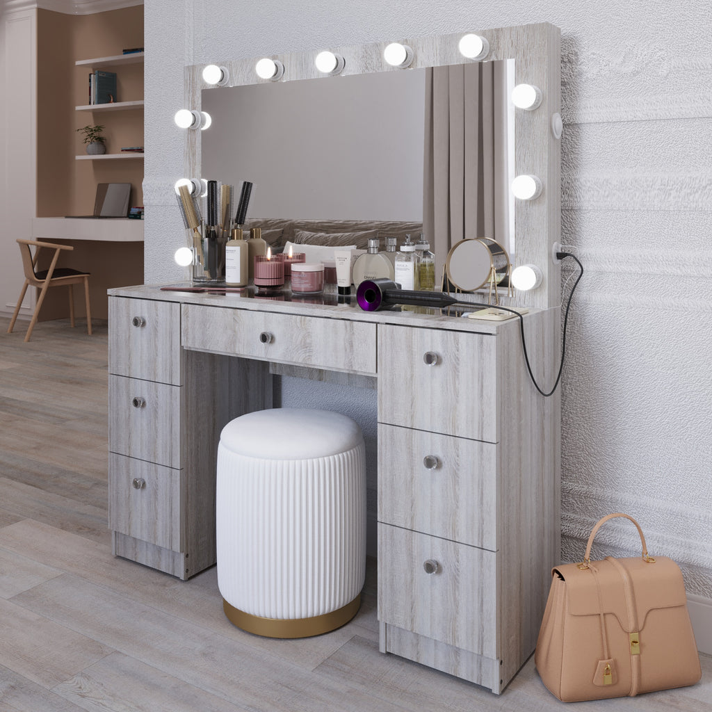 Yara Lighted Vanity with Glass Top and Crystal Knobs – Elegance Redefined