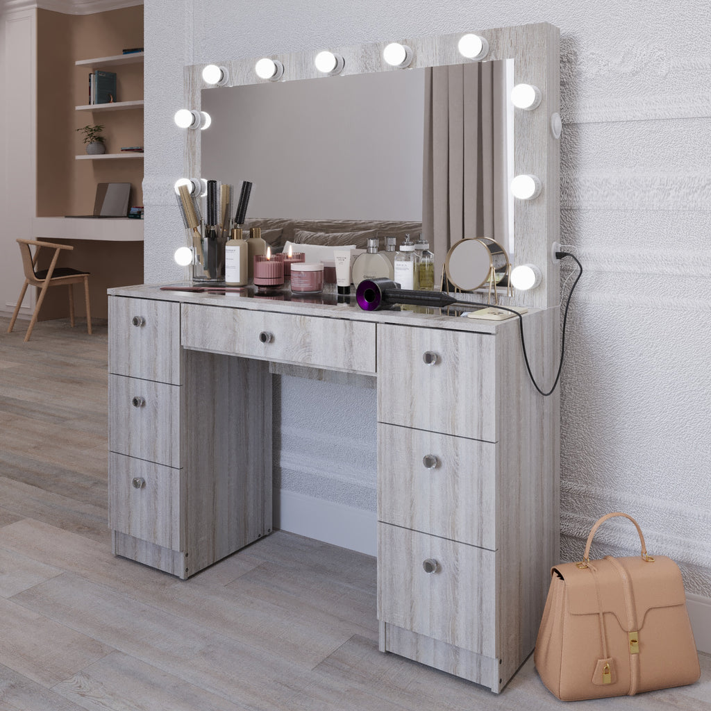 Yara Lighted Vanity with Glass Top and Crystal Knobs – Elegance Redefined