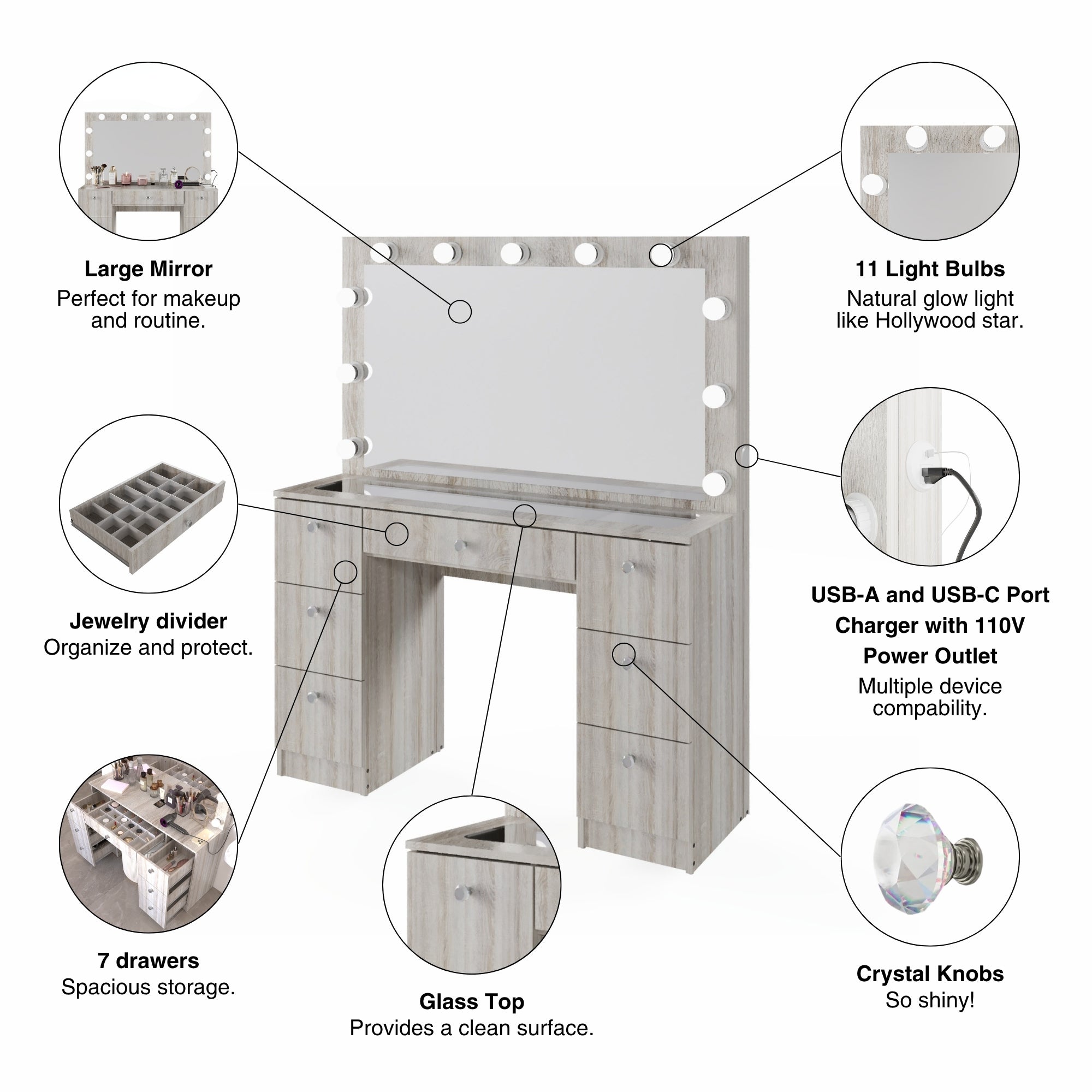 Yara Lighted Vanity with Glass Top and Crystal Knobs – Elegance Redefined