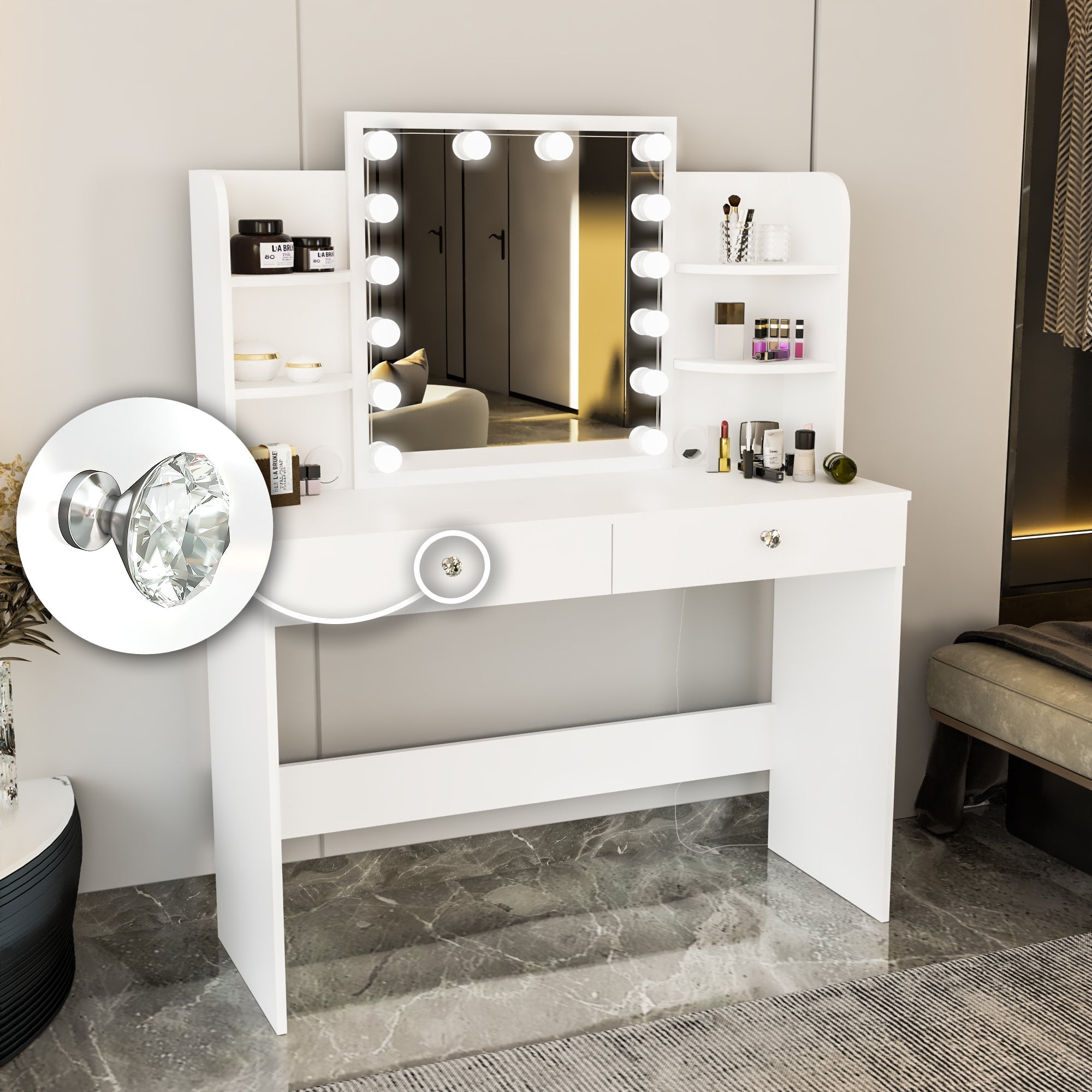 Boahaus Sophie Lighted Vanity Desk with Customizable Knobs | Black Elegance Redefined