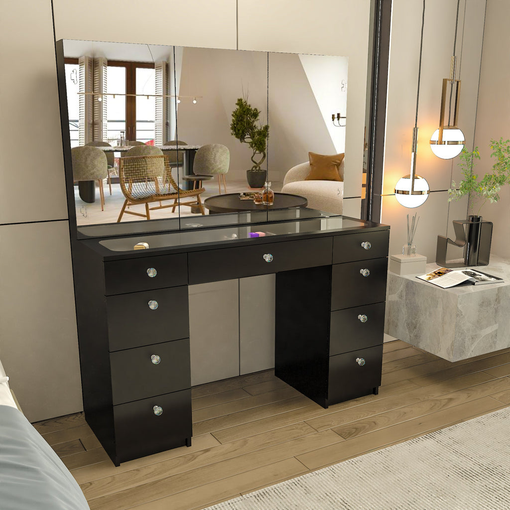 Boahaus Lily Makeup Vanity Table with Frameless Cabinet Mirrors & Glass Top | Elegance Redefined