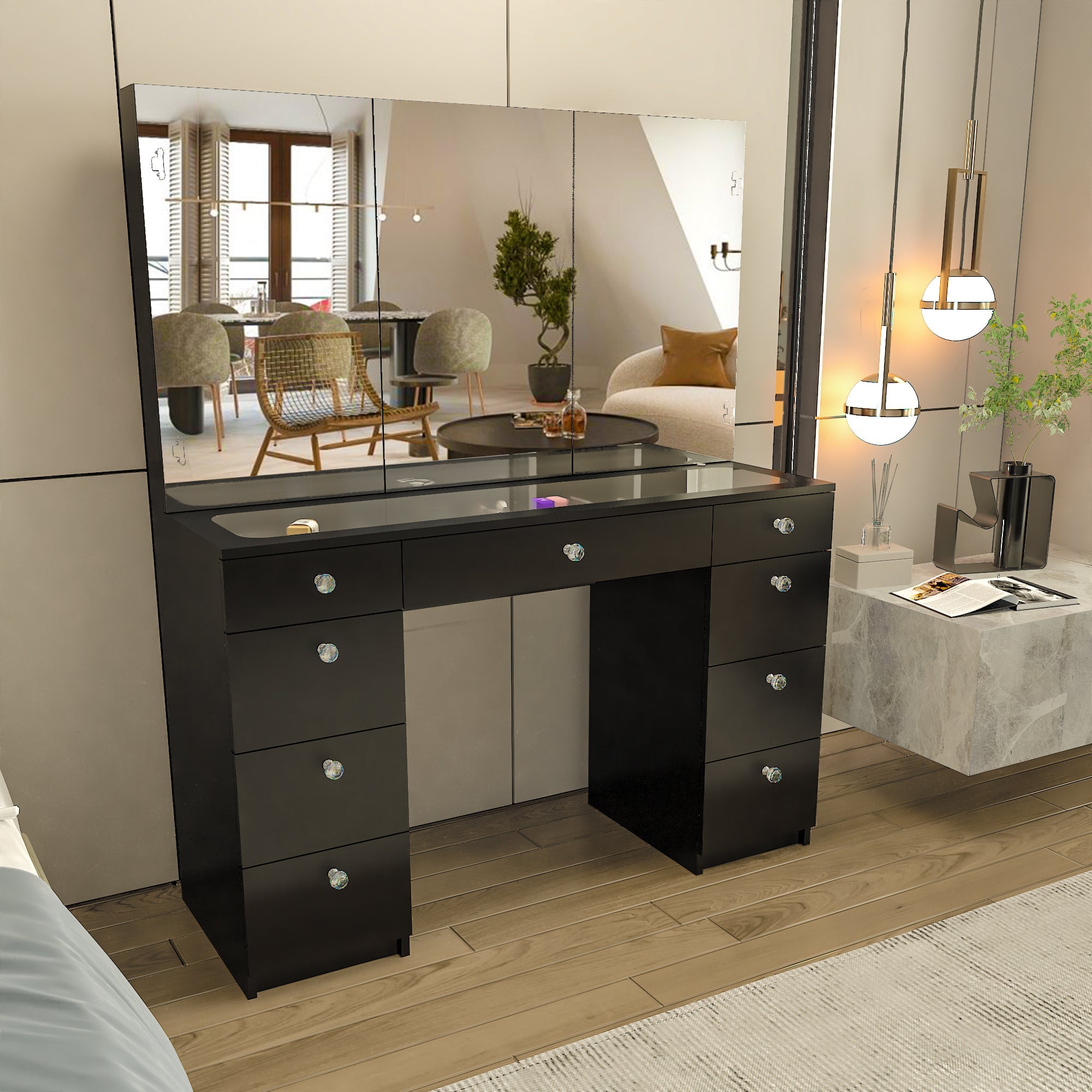 Boahaus Lily Makeup Vanity Table with Frameless Cabinet Mirrors & Glass Top | Elegance Redefined