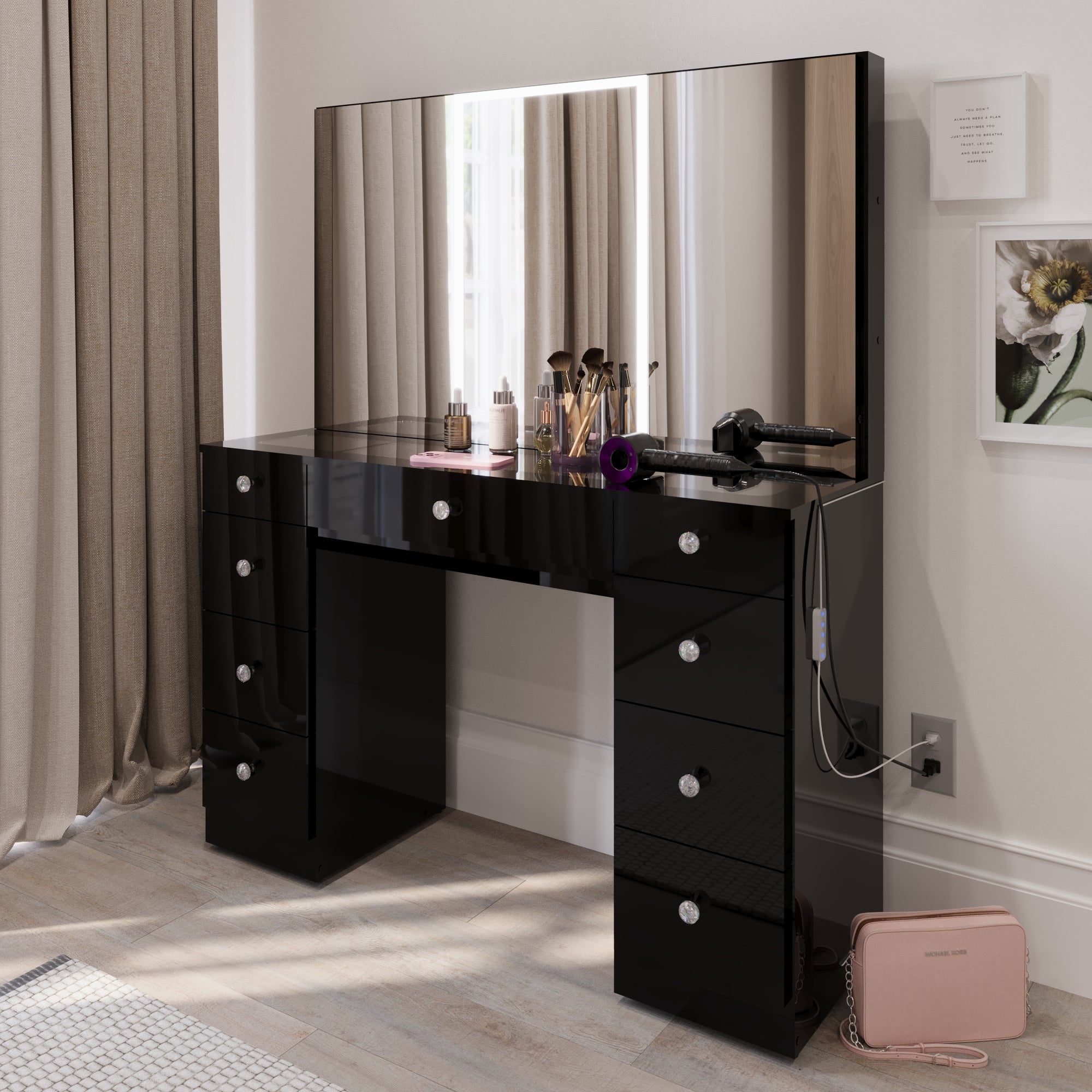 Gia Trifold Makeup Vanity with LED Light Strip, Cabinets, and Modern Design | Premium Boahaus Vanity