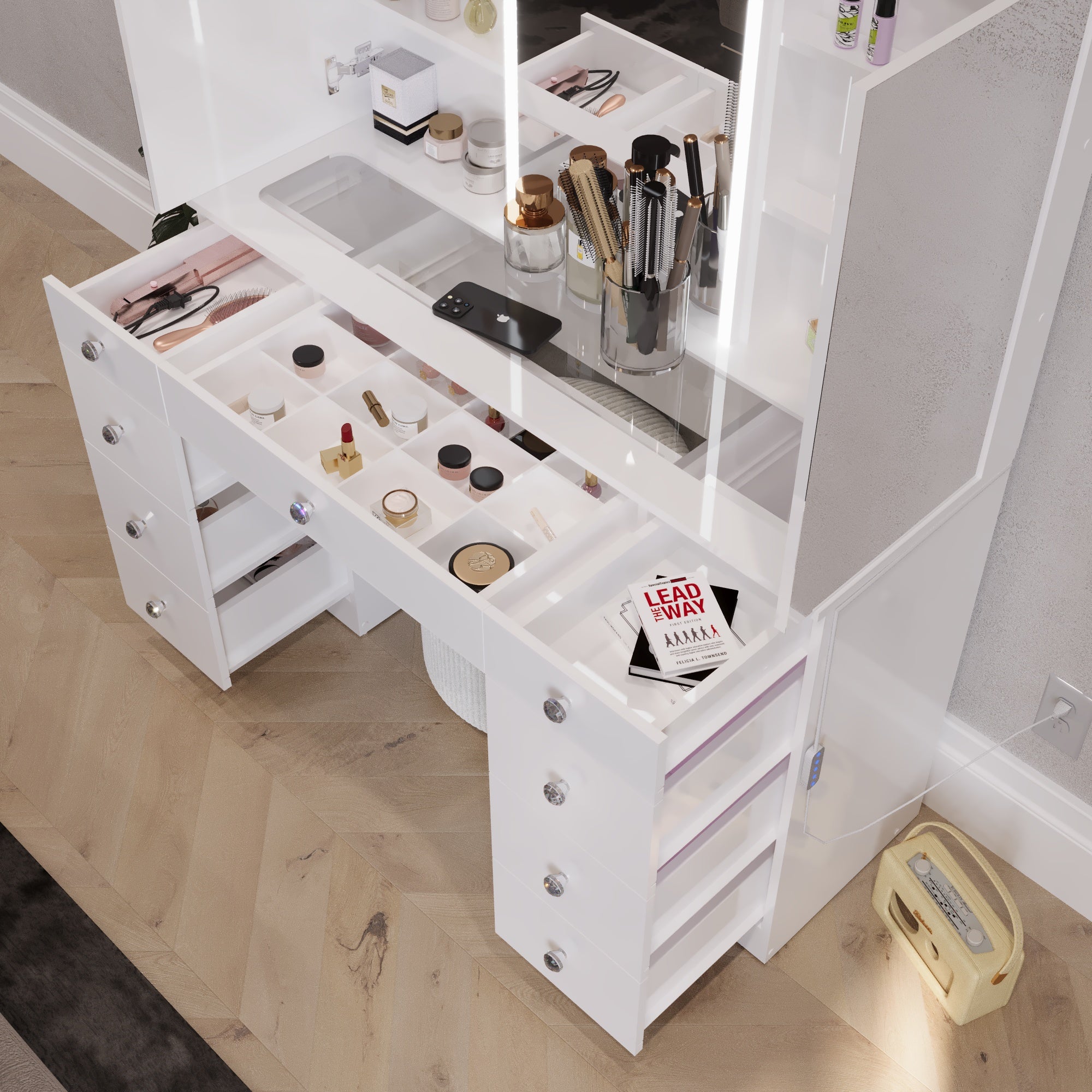 Gia Trifold Makeup Vanity with LED Light Strip, Cabinets, and Modern Design | Premium Boahaus Vanity